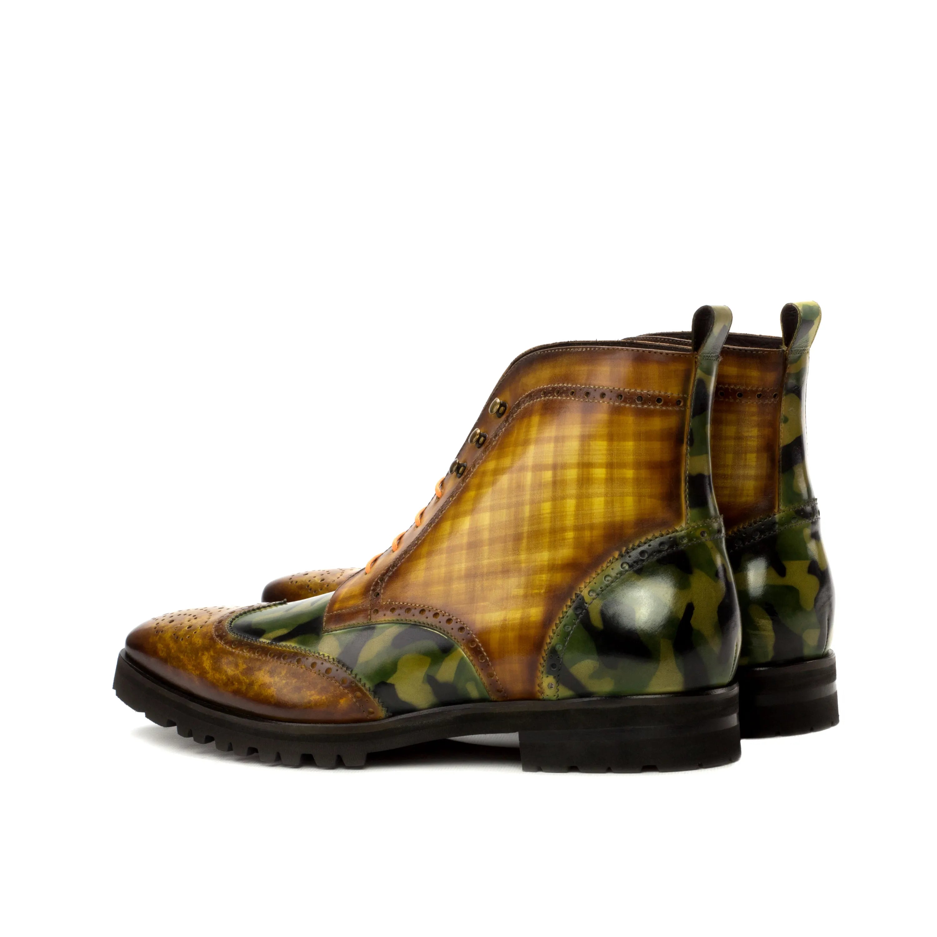 Goodlife military brogue boots in camouflage and plaid leather