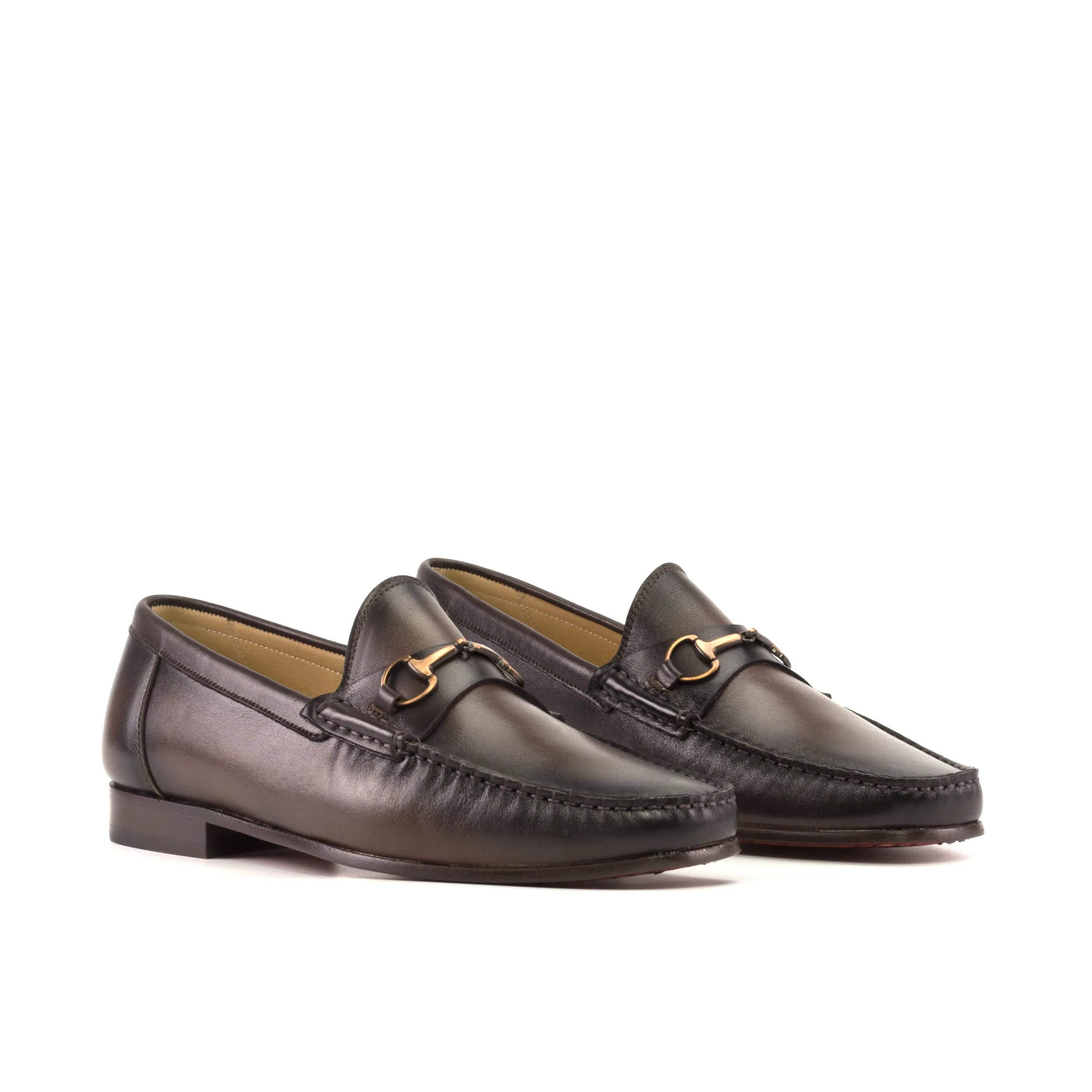 Pair of brown leather Hailin Moccasin loafers, luxury bespoke shoes for men