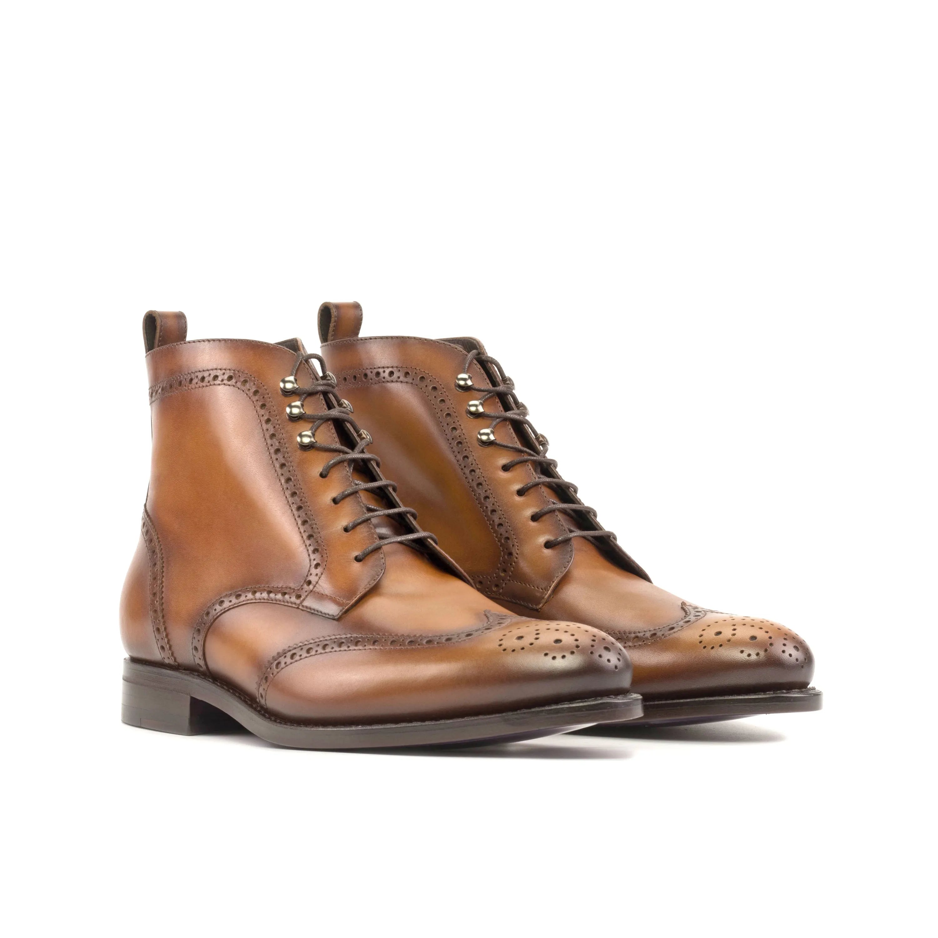 Hollander military brogue boots in brown leather wingtip style