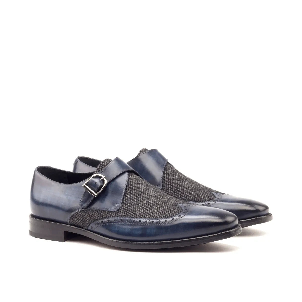 Hudson single monk patina shoes in blue leather and tweed