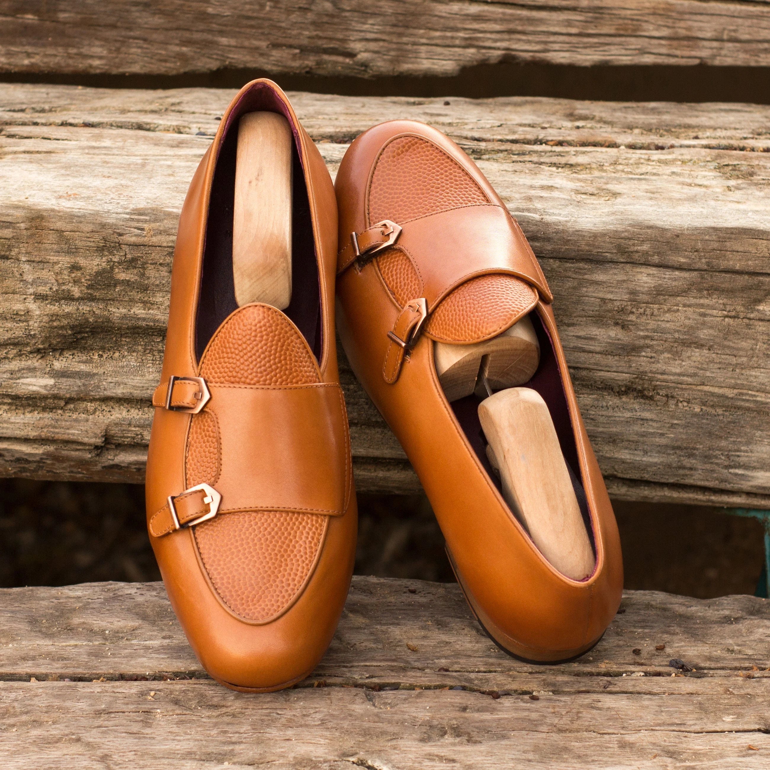 Ibb Belgian monk slipper tan leather double monk with buckle and textured toe