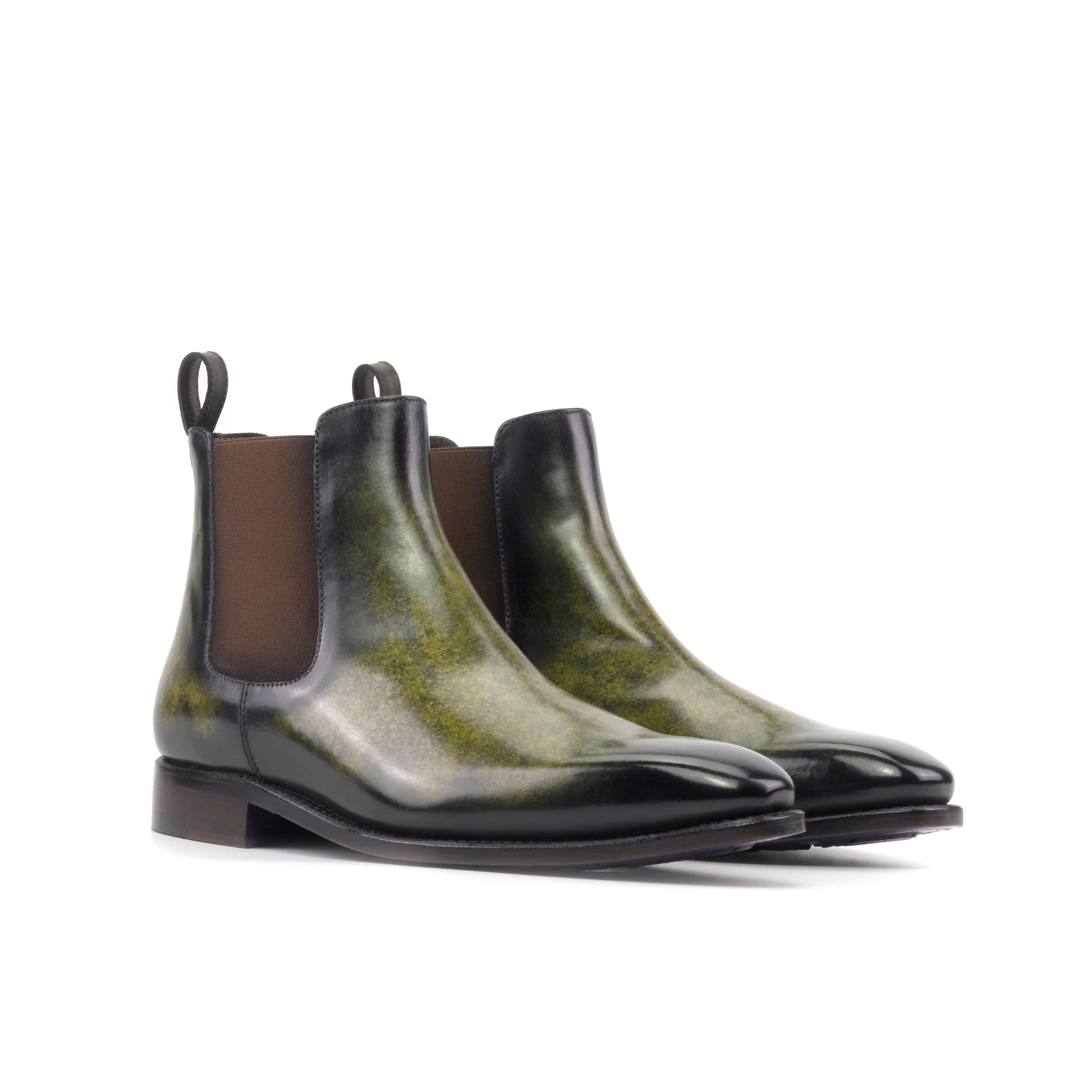 Ivoire patina Chelsea boots in green and black leather