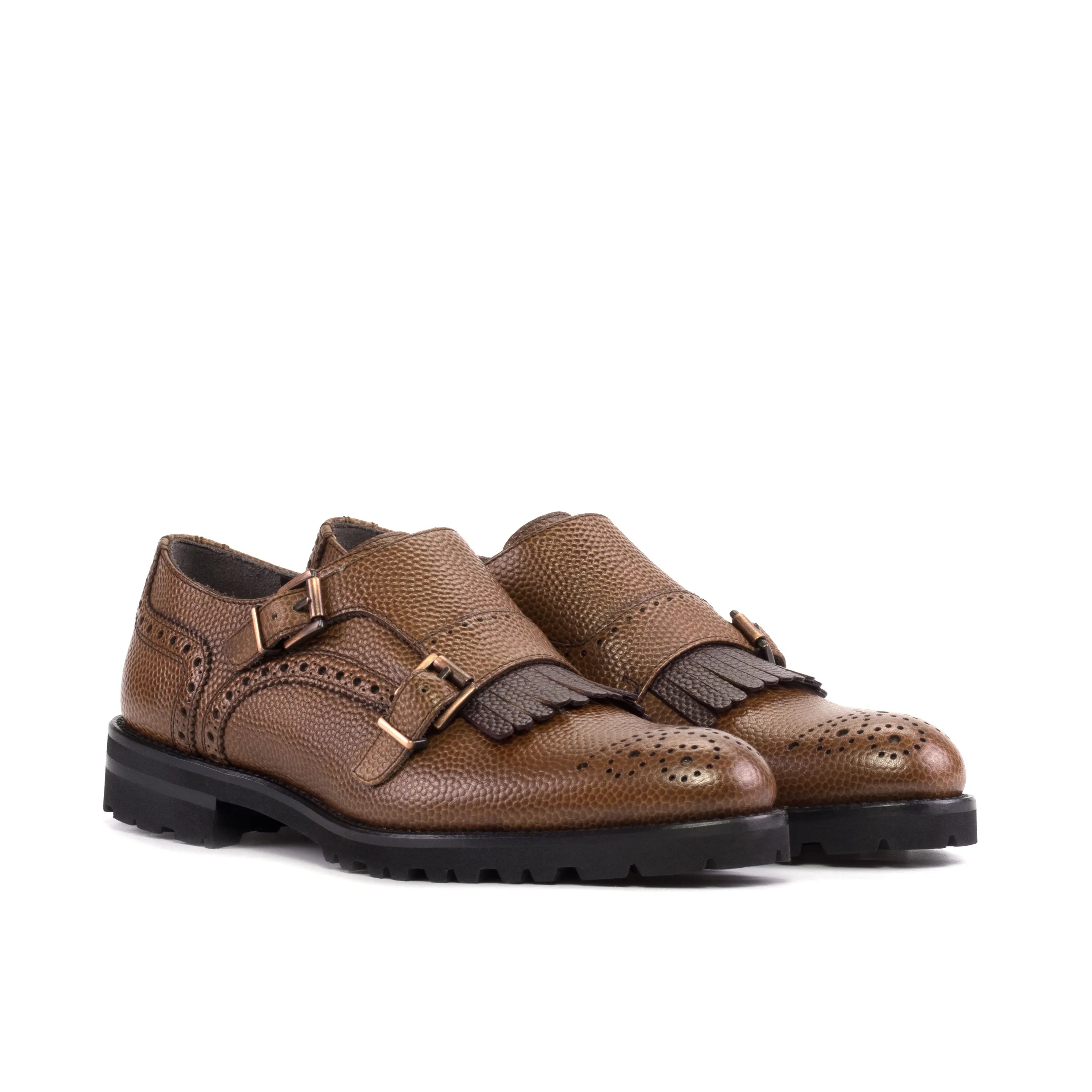 Jalpa Kiltie unisex monk strap brown leather shoes with fringe