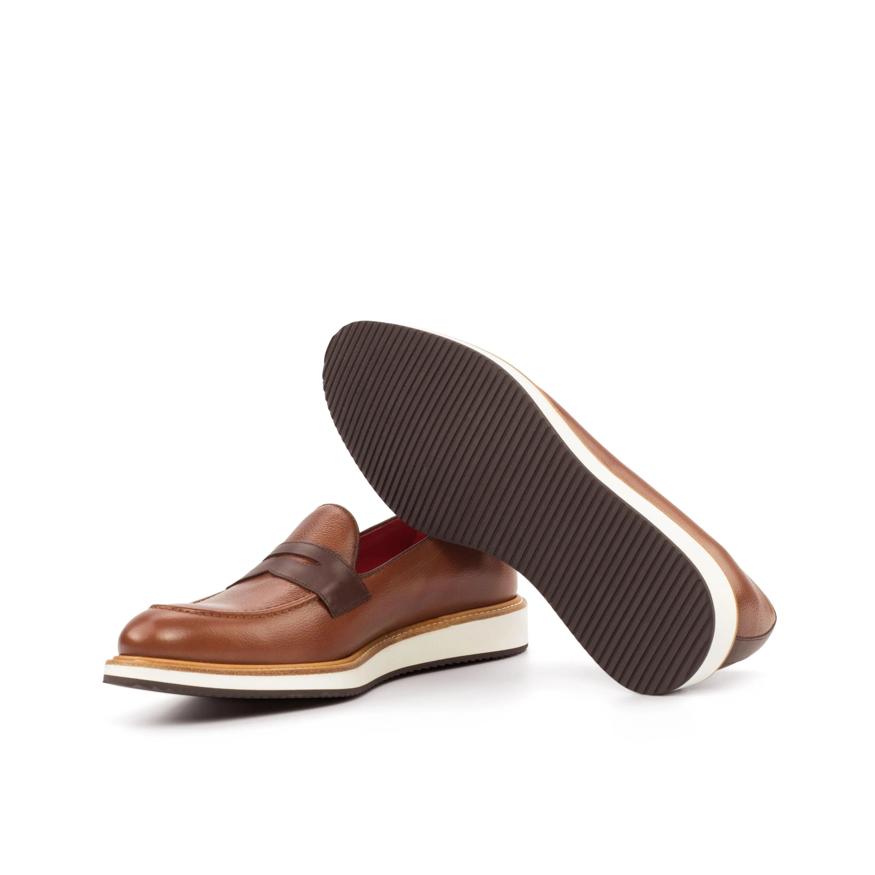 James Lu loafers: brown leather penny style with hand-painted patina