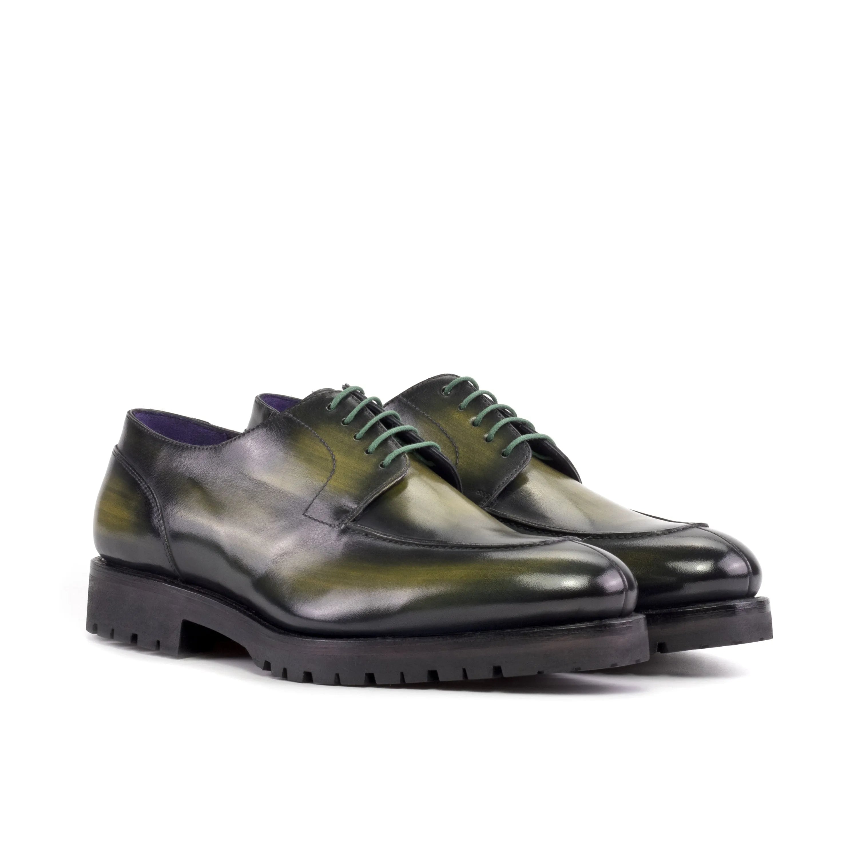 Jarama derby split toe patina shoes in green leather