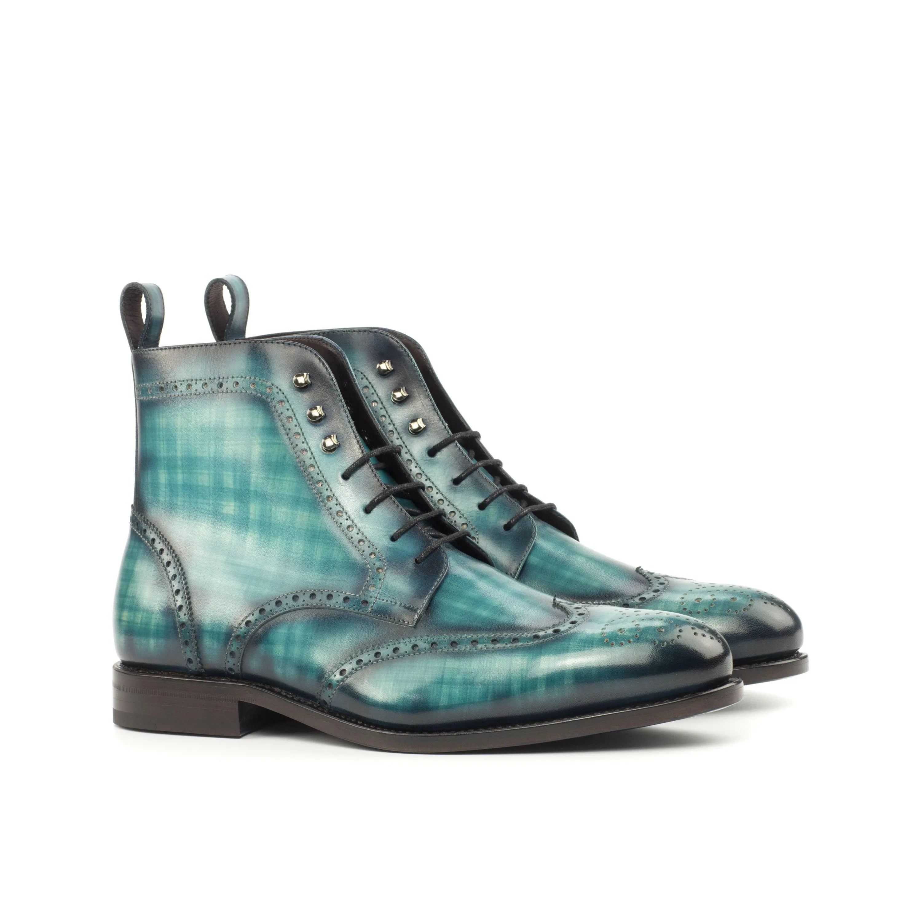 Jarson military brogue patina boots in blue green plaid wingtip