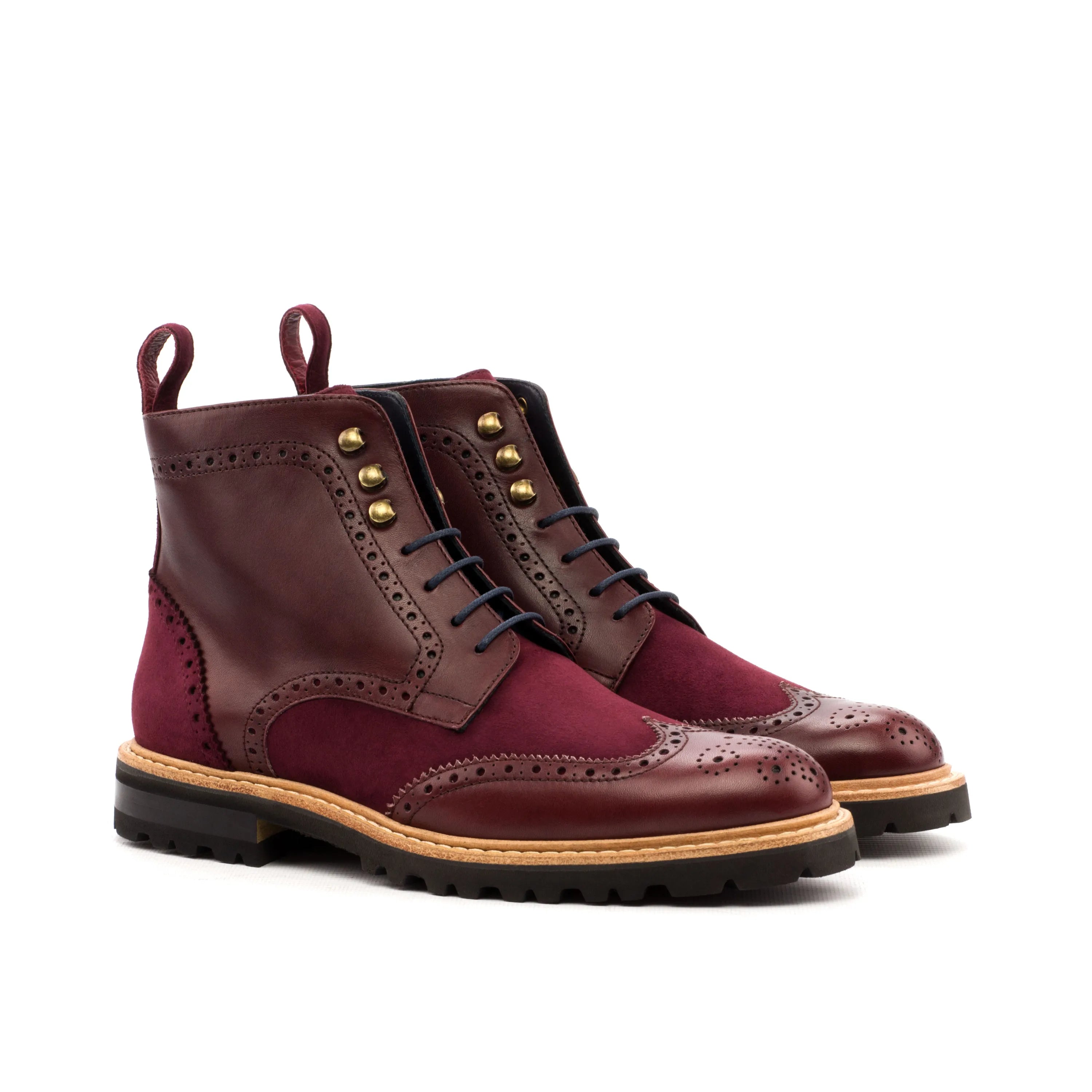 Jayanta ladies military brogue boots in burgundy leather and suede