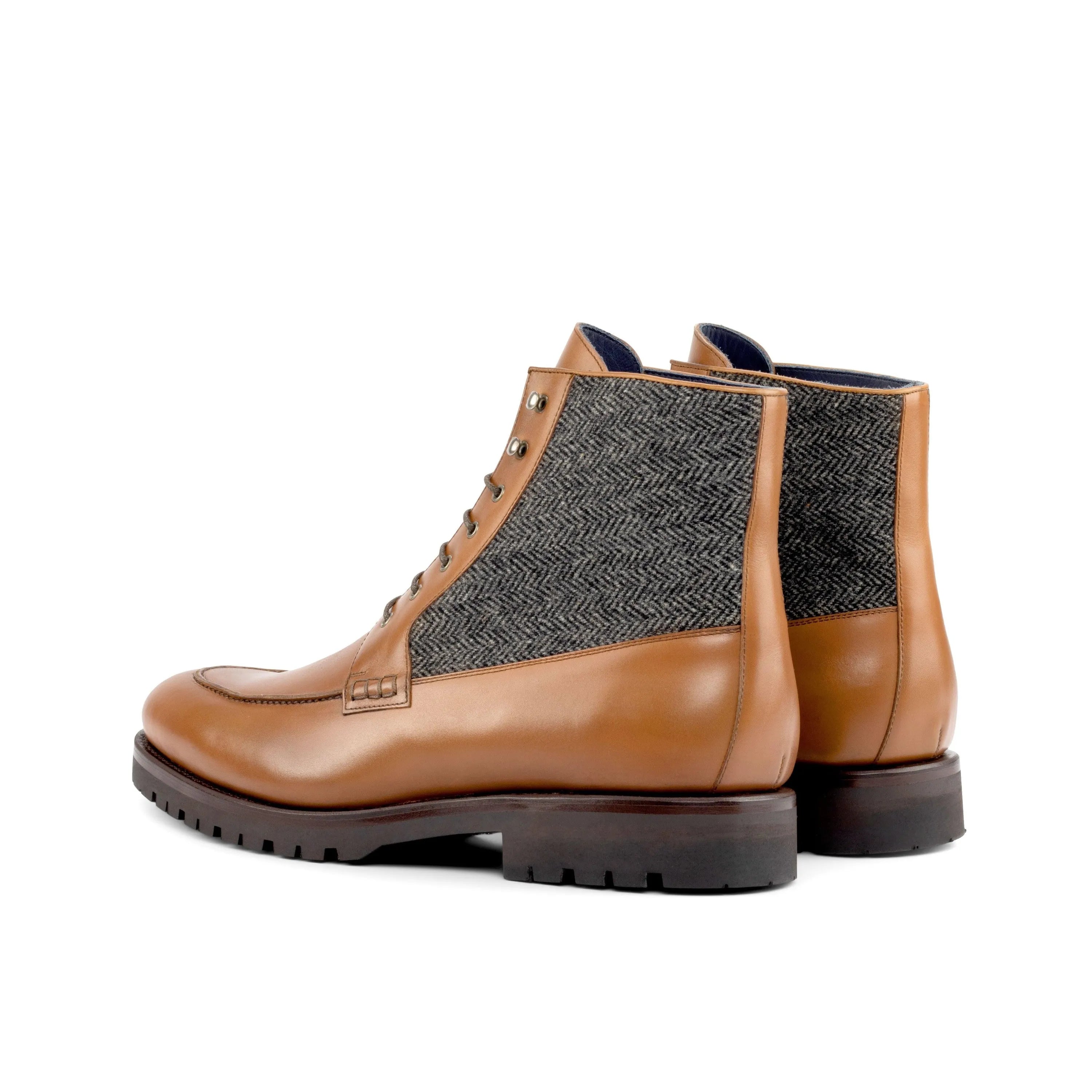 JD Moc Boot: brown leather and herringbone tweed moc boot for men
