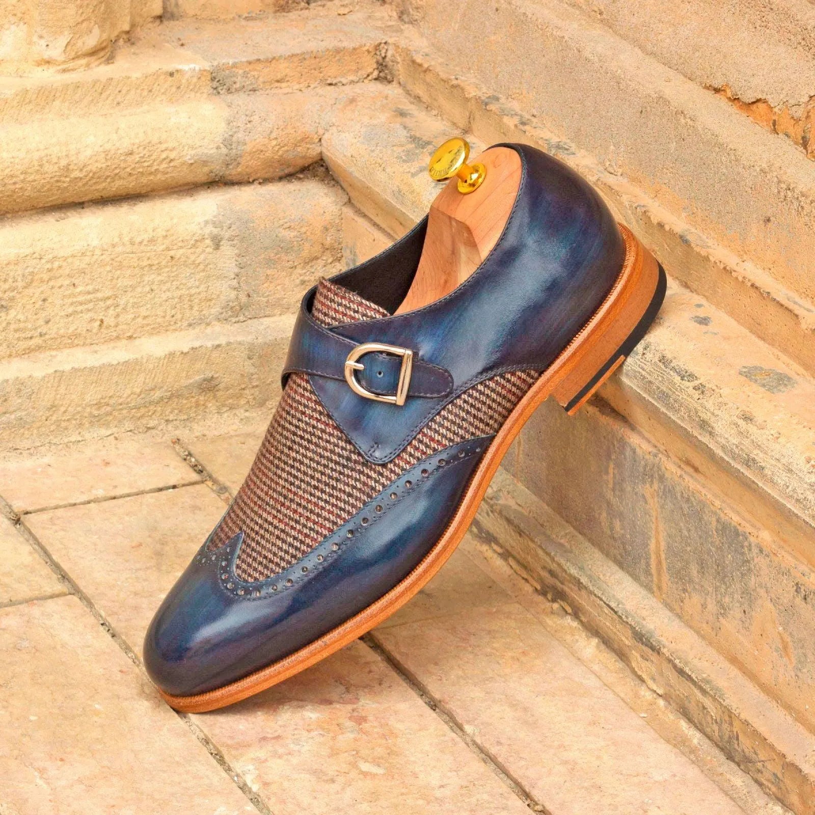 Blue leather and tweed JR single monk patina shoes back view