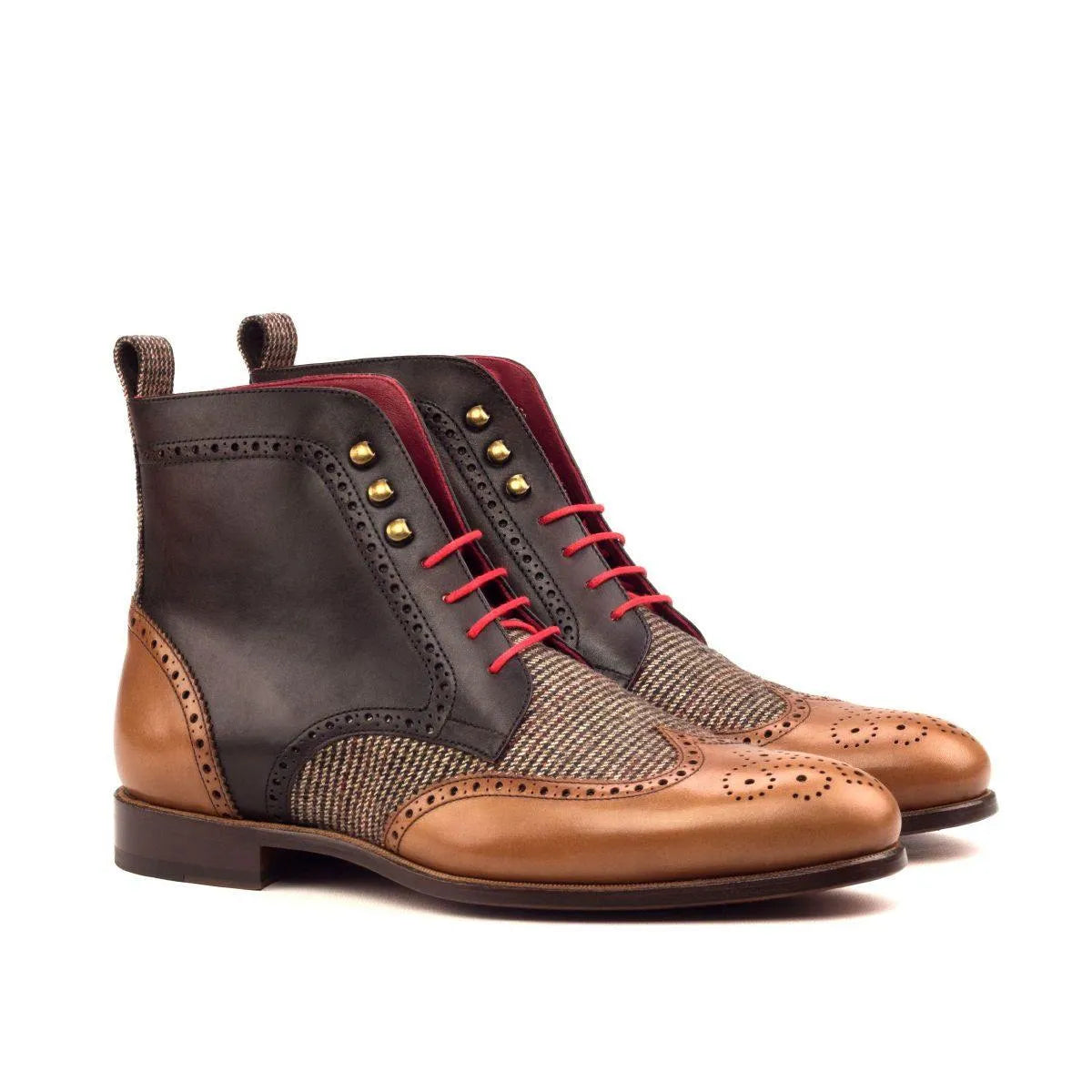 Juda military brogue boots in two-toned leather and tweed
