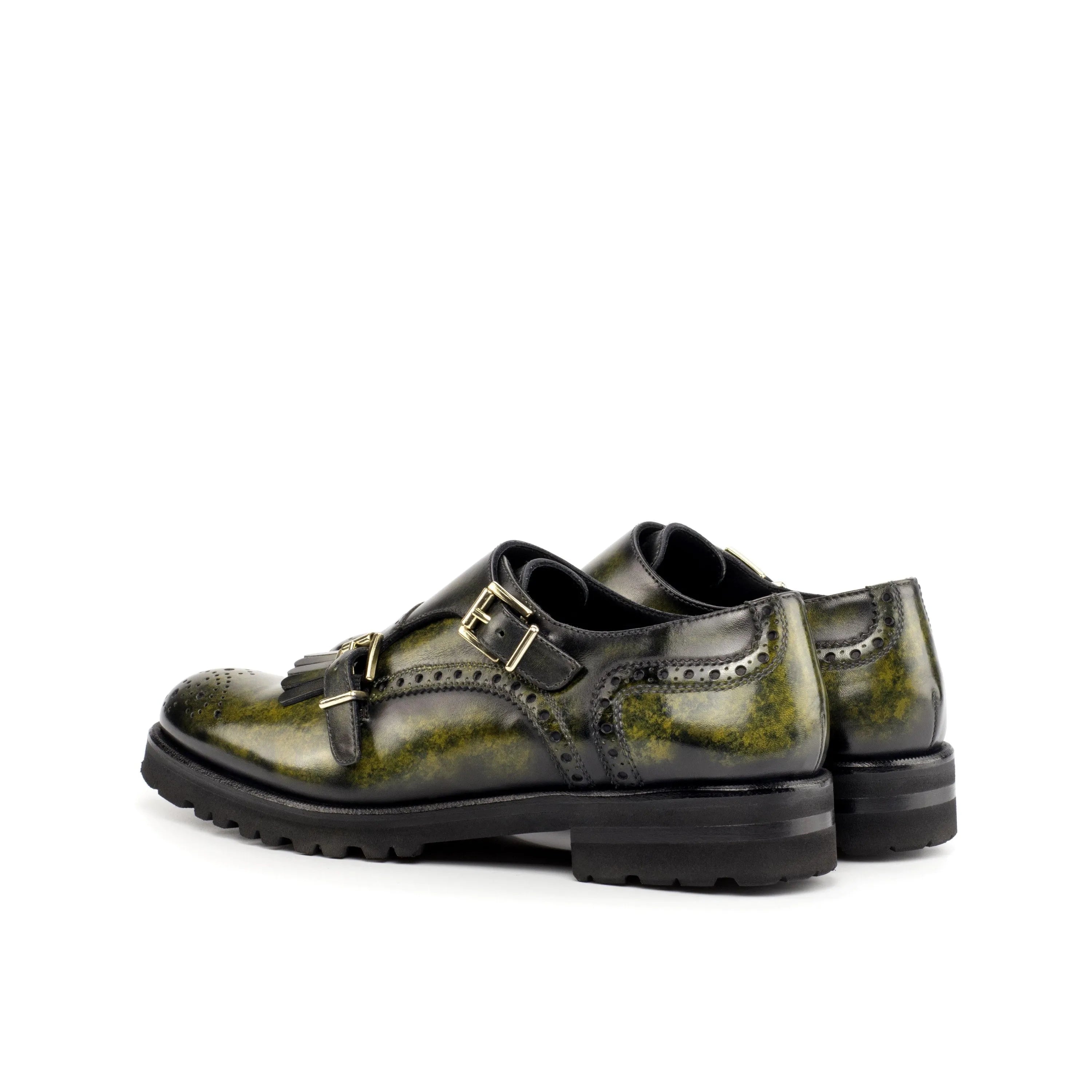 Juju kiltie patina womens monk strap shoes in green and black leather
