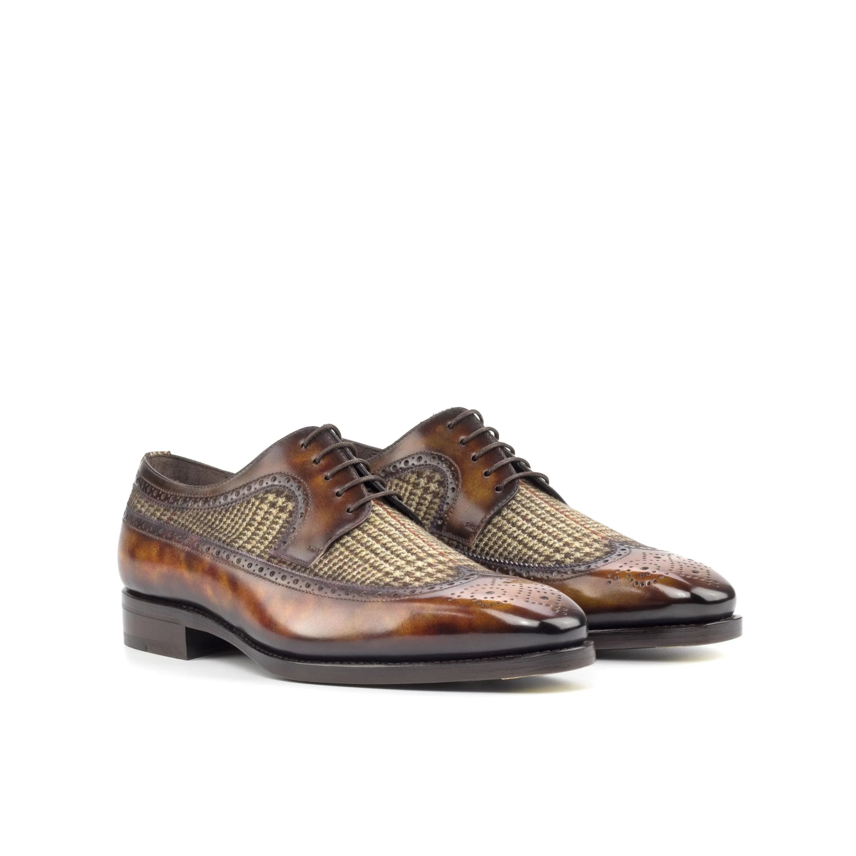 Junos patina longwing blucher brown leather and tweed dress shoes