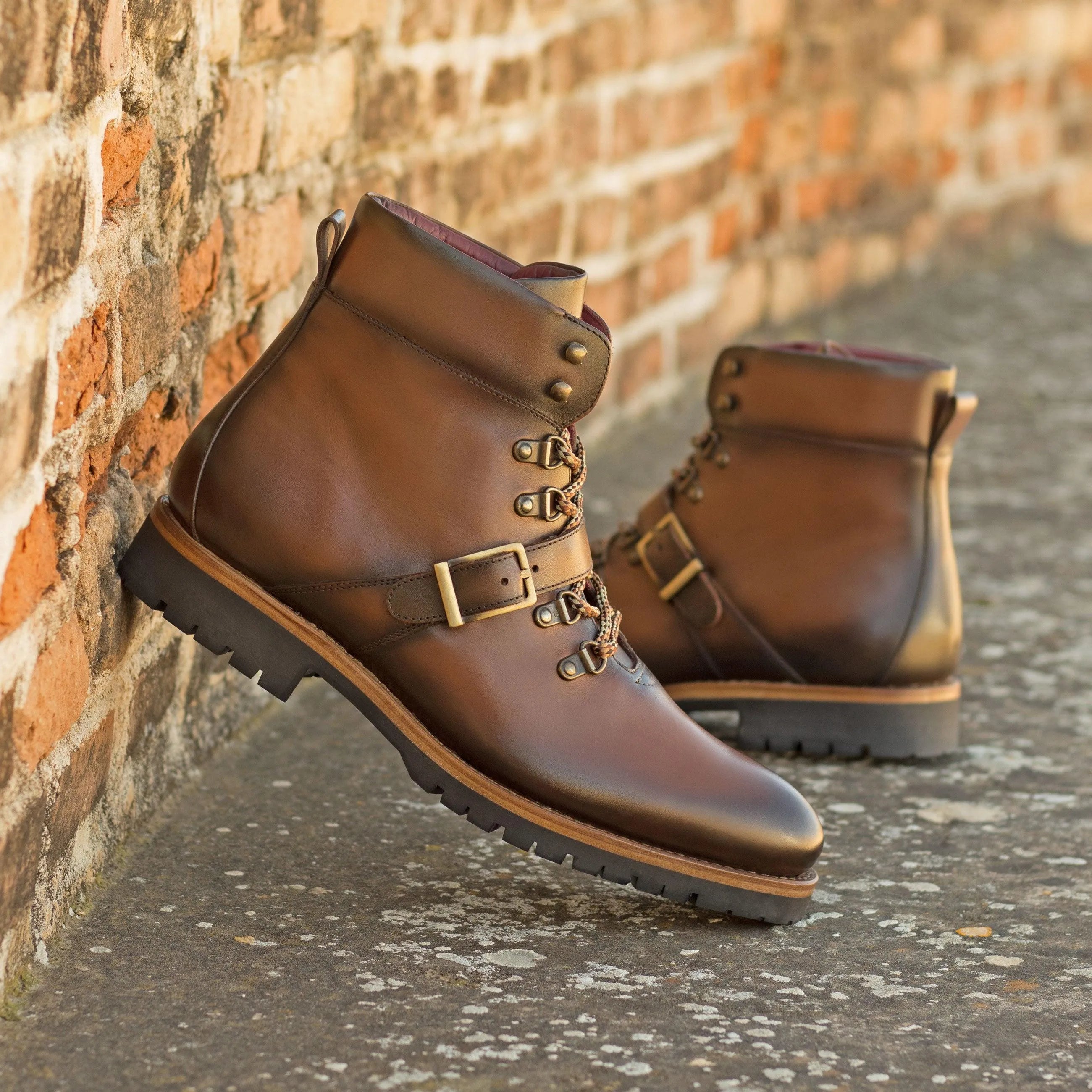 K2 brown leather hiking boots with hand-painted patina