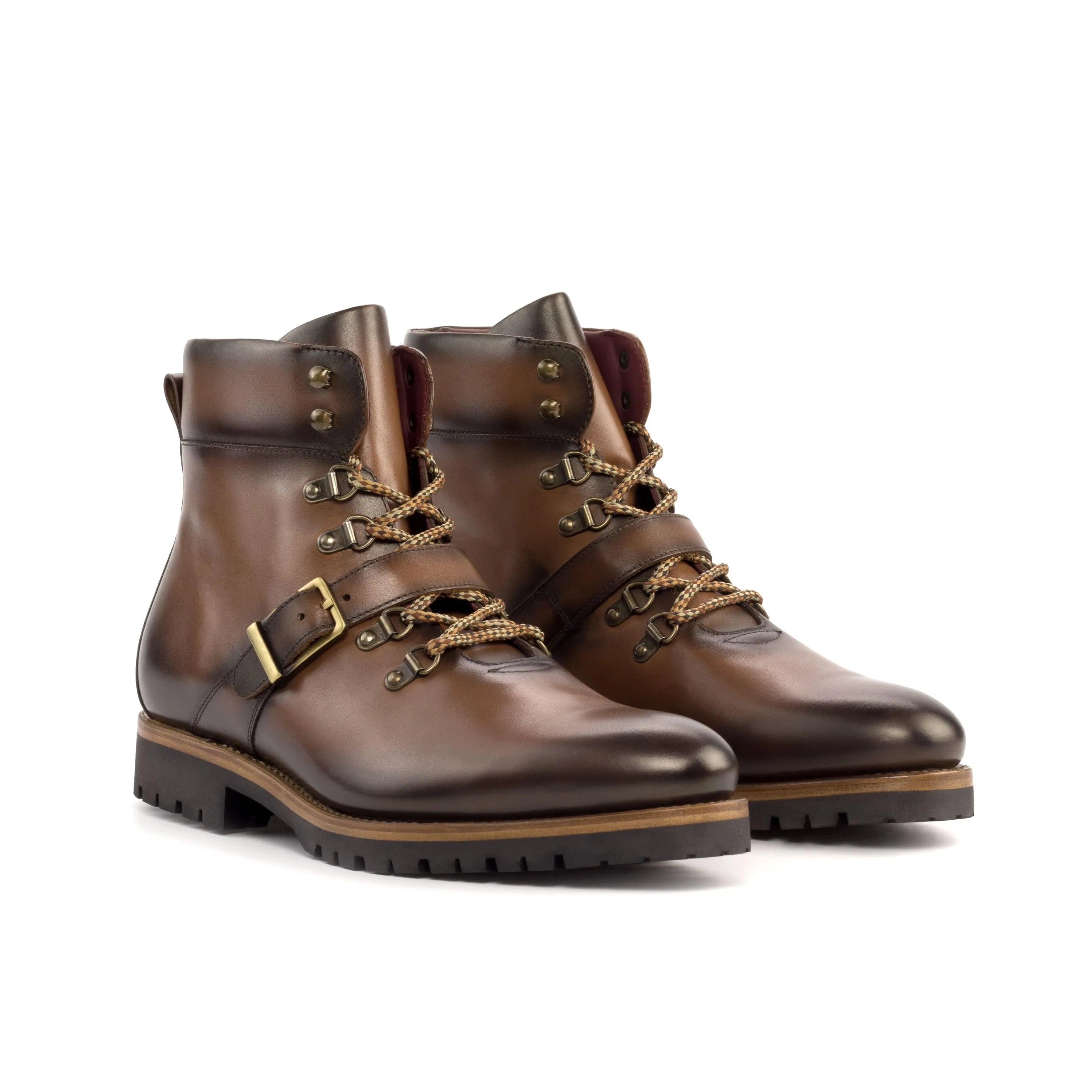 Brown K2 hiking boots in luxury hand-painted patina leather