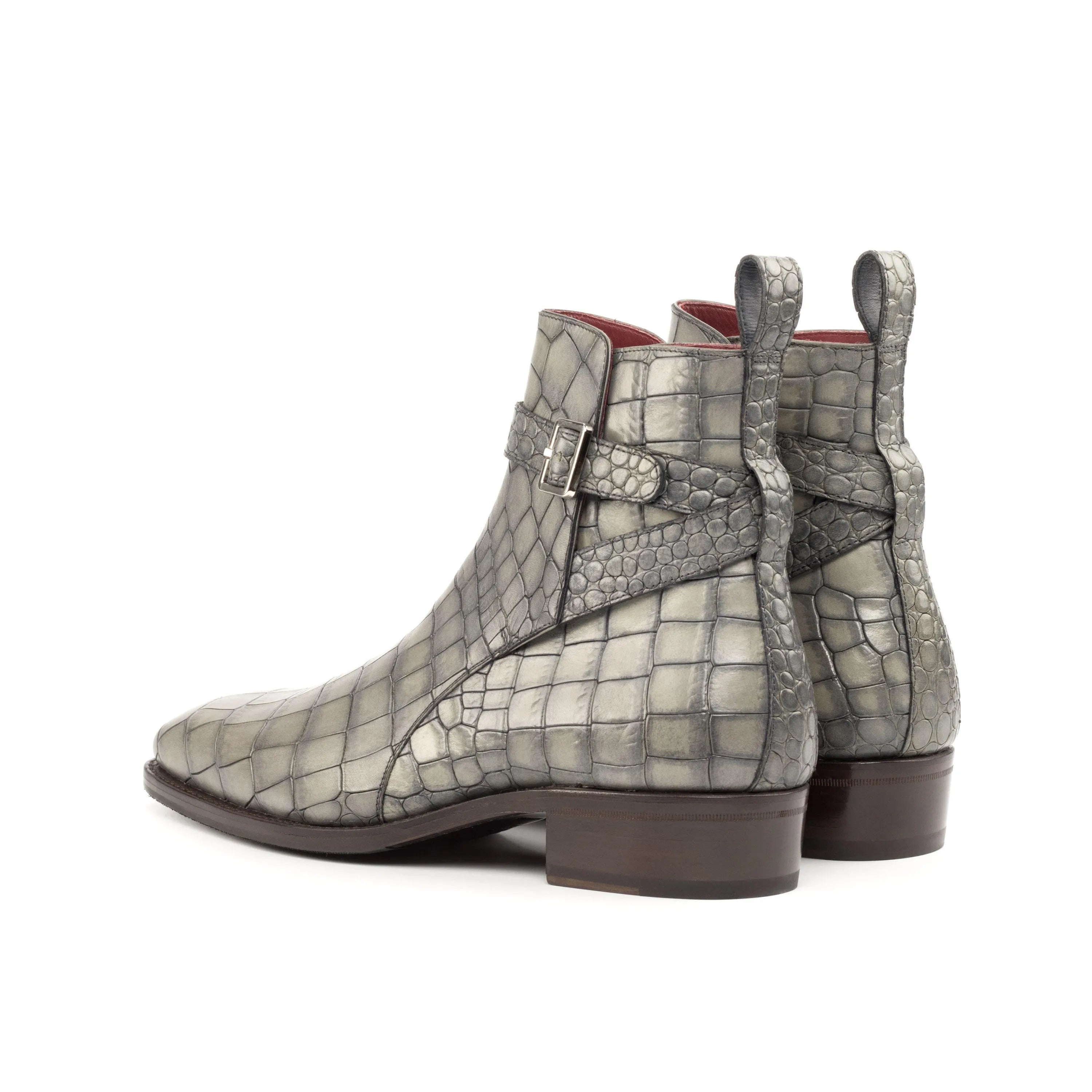 Gray Kain Jodhpur boots in crocodile-patterned ankle design
