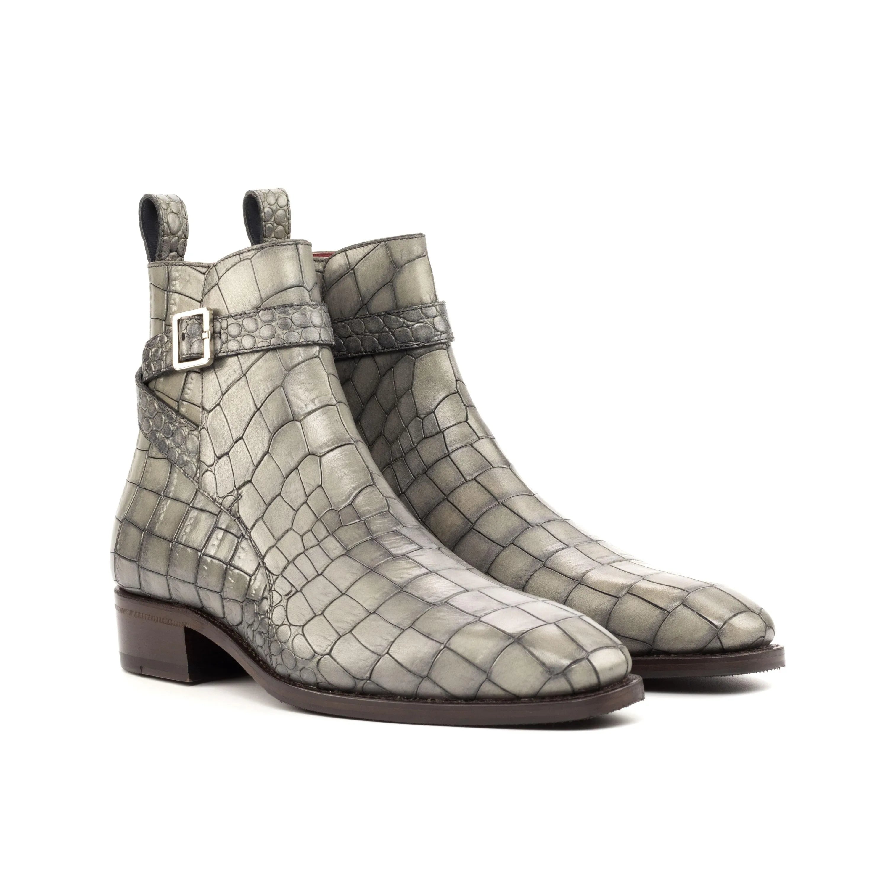 Gray Kain Jodhpur boots in crocodile pattern