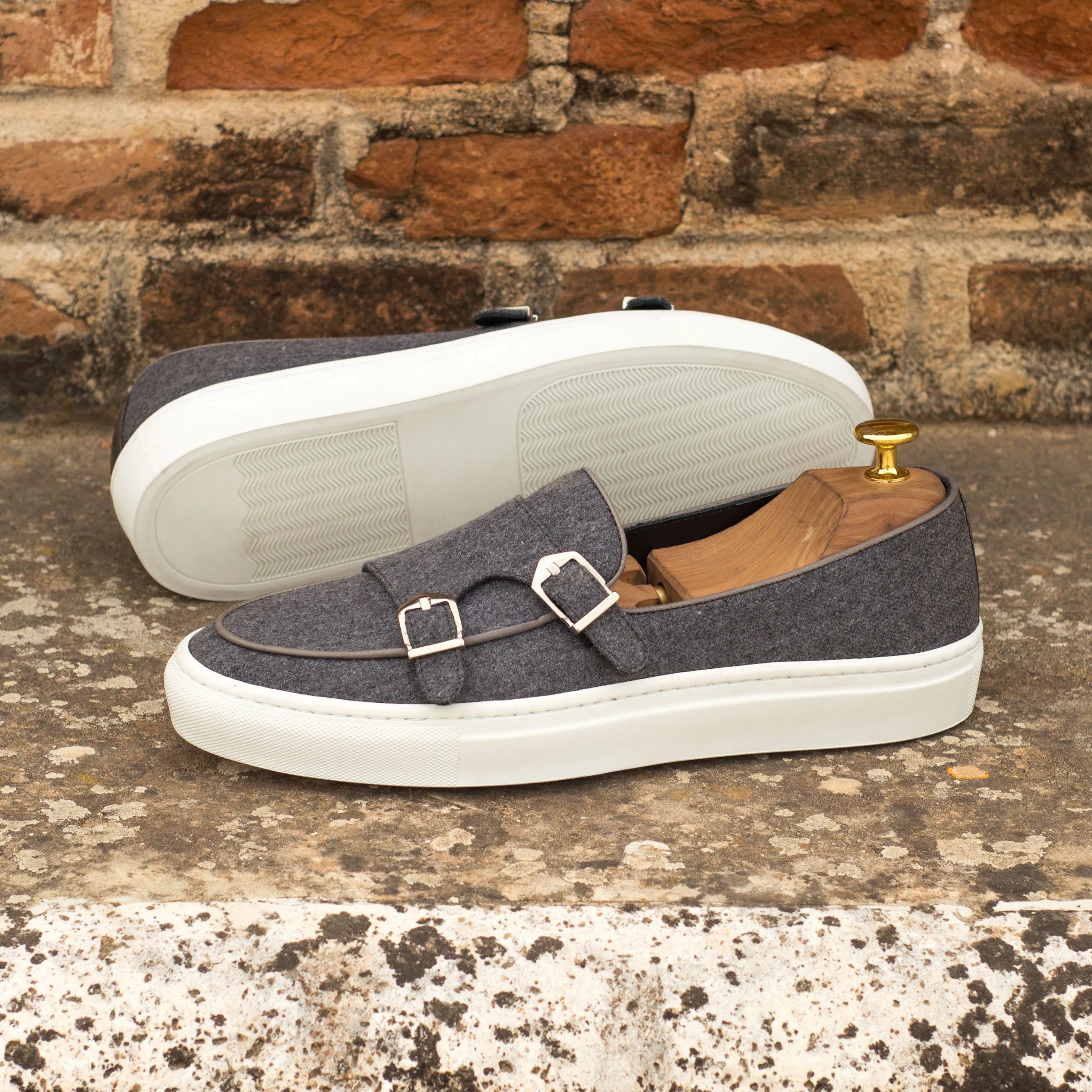 Gray Keme monk sneakers with double monk strap detail