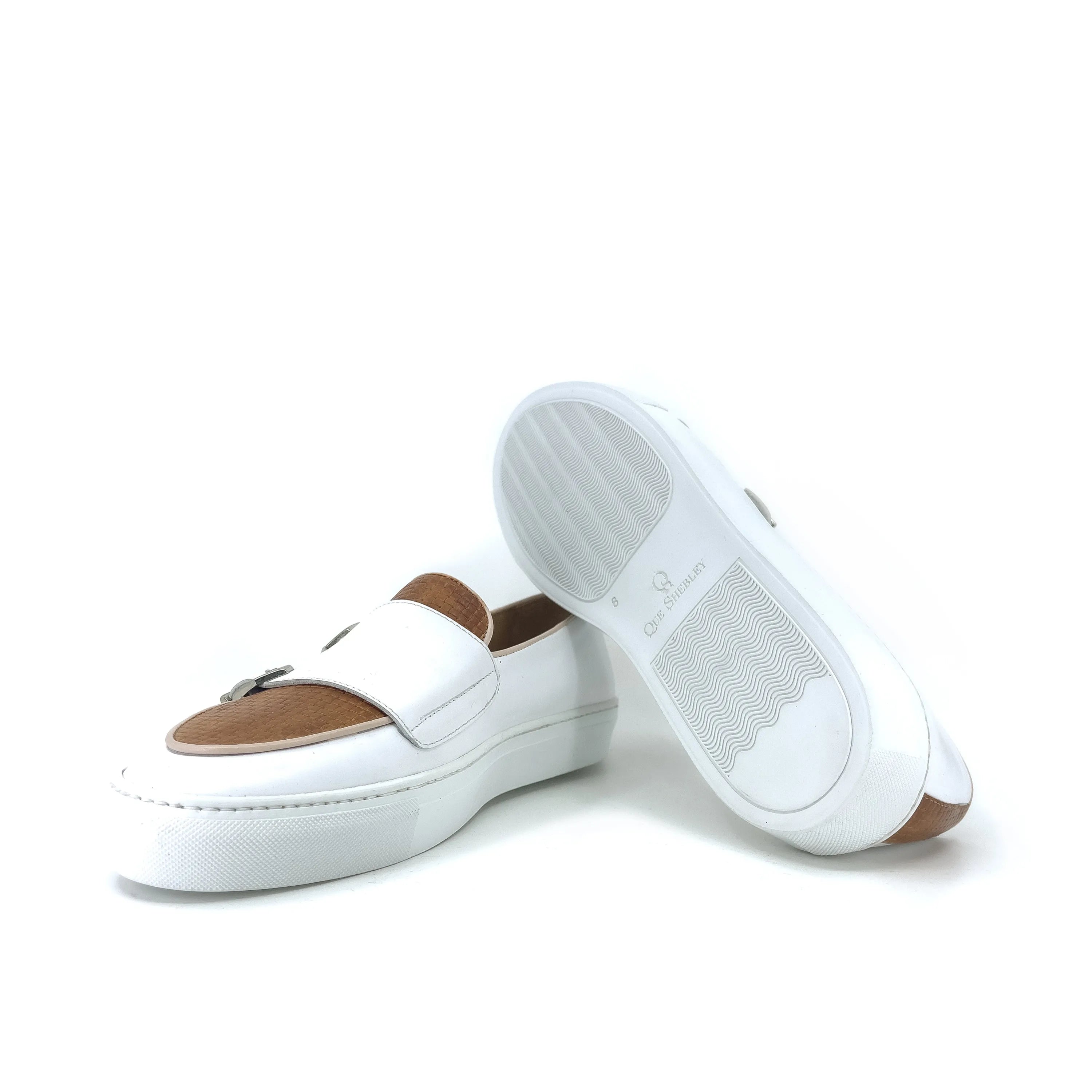 White and brown Kindi monk sneaker loafers, double monk style