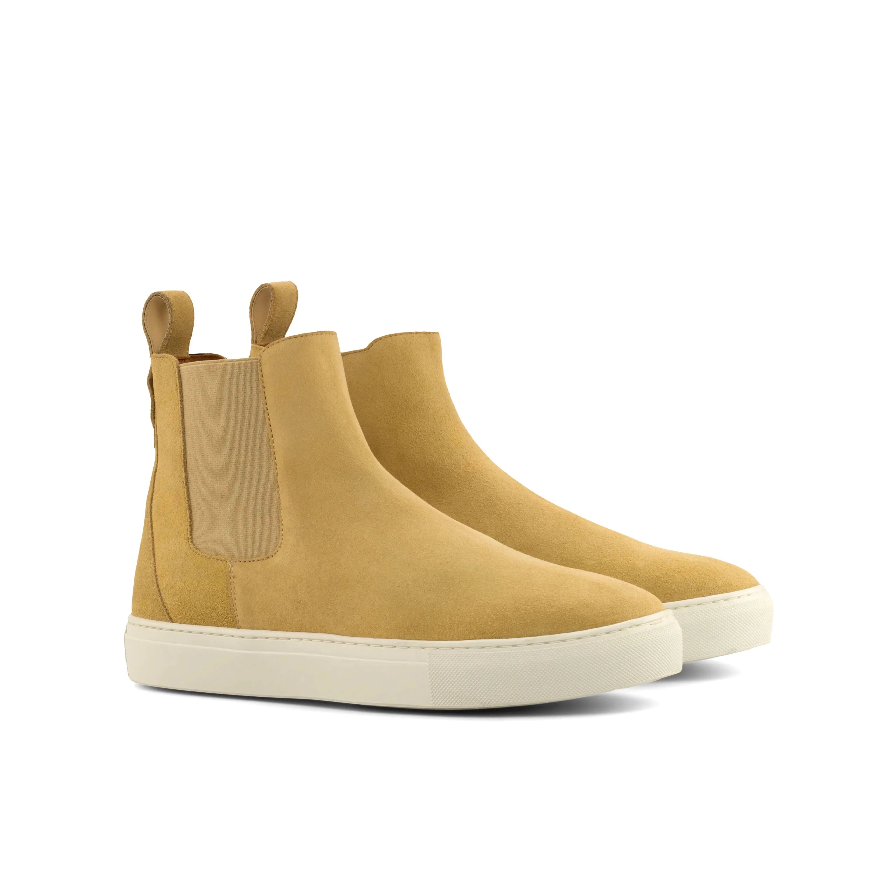 KP43 Chelsea sneaker boots: tan suede Chelsea boot with white soles