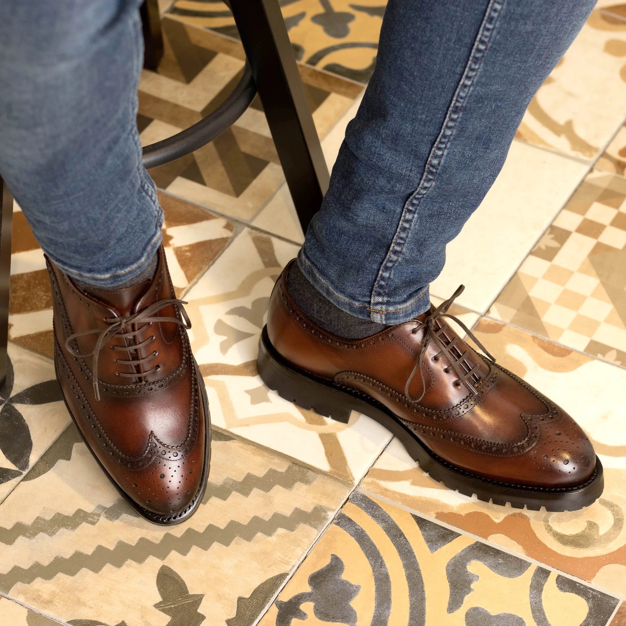 Leehom full brogue shoes: brown leather dress shoes and boots in fast lane style