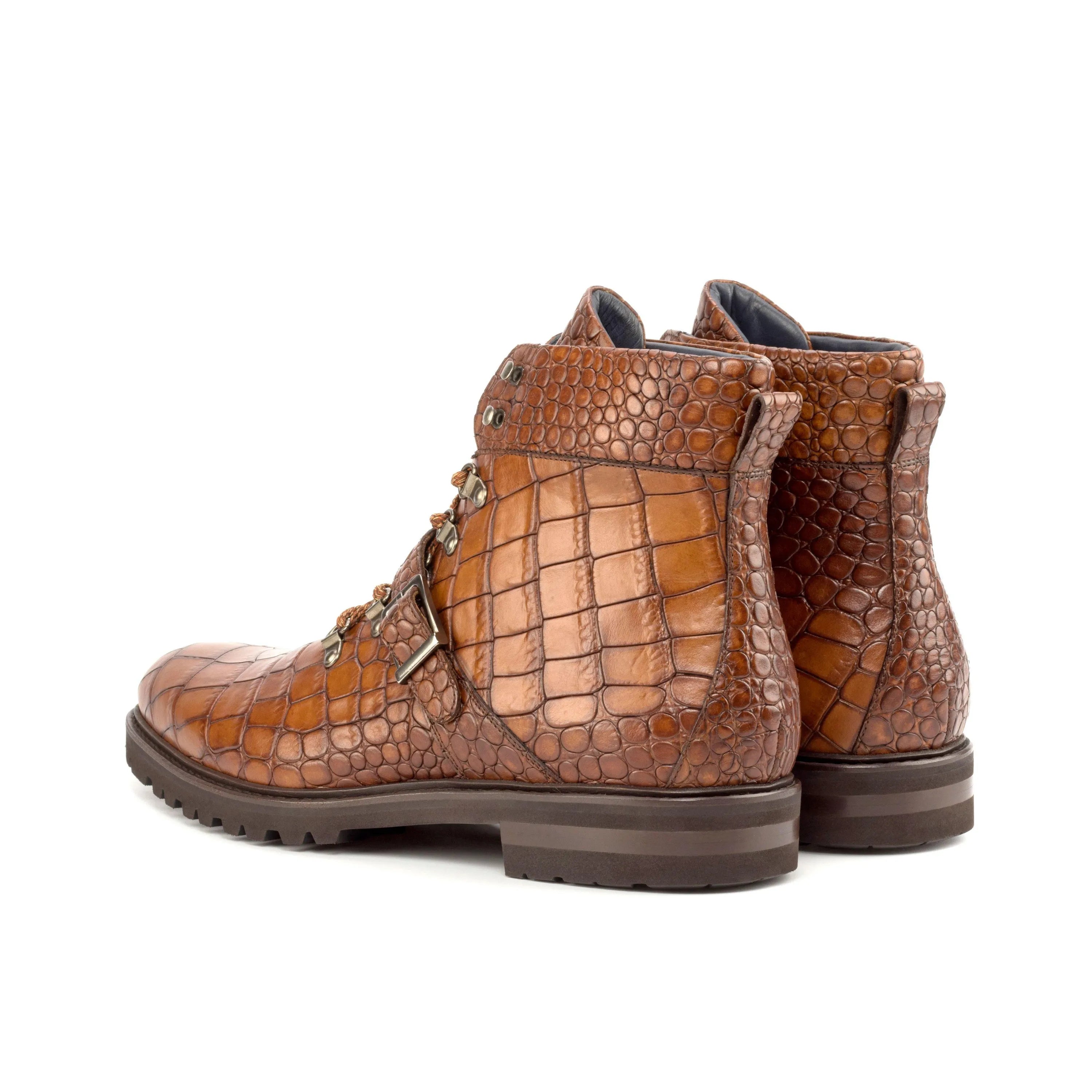 Leland hiking boots in brown crocodile-patterned leather