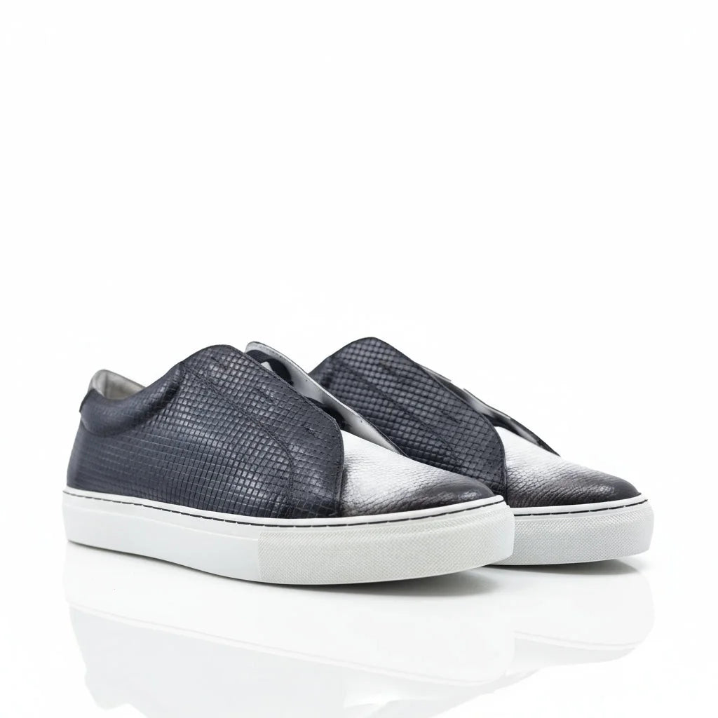 Leo19 laceless sneaker in navy blue Italian leather snakeskin with bow