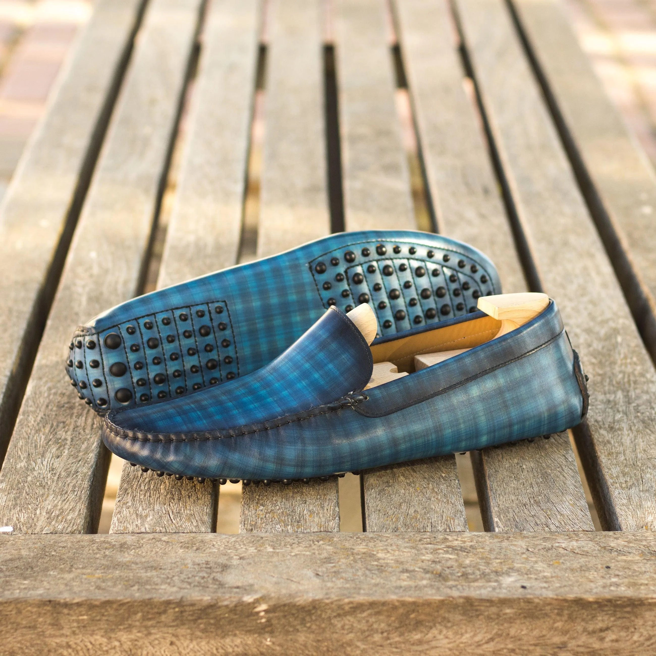 Blue plaid Leonardo Patina Driver shoes