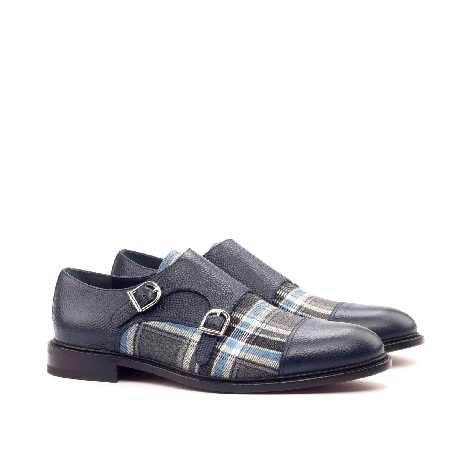 Lorrd Double Monk blue leather plaid double monk strap shoes