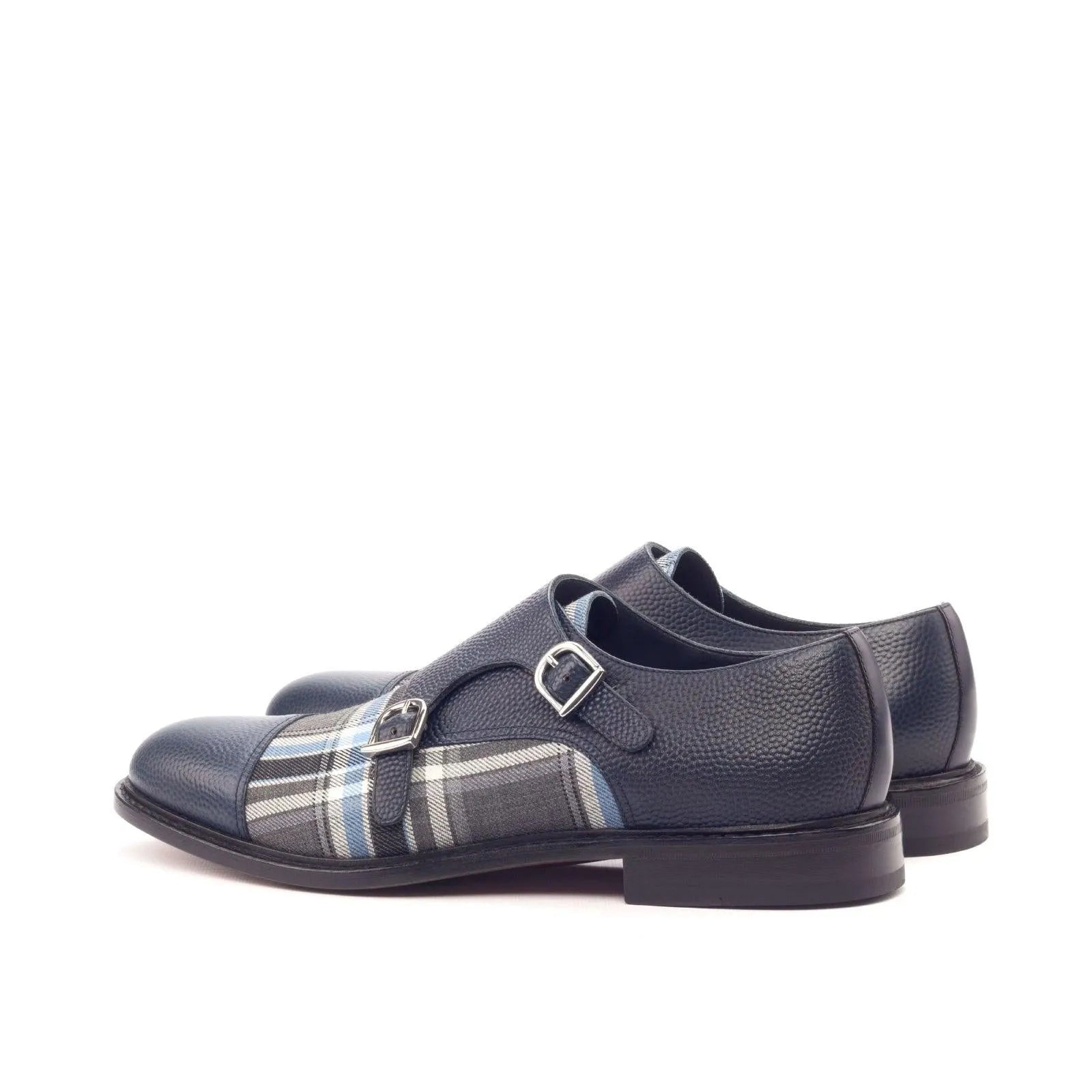 Lorrd double monk shoes in blue leather plaid design