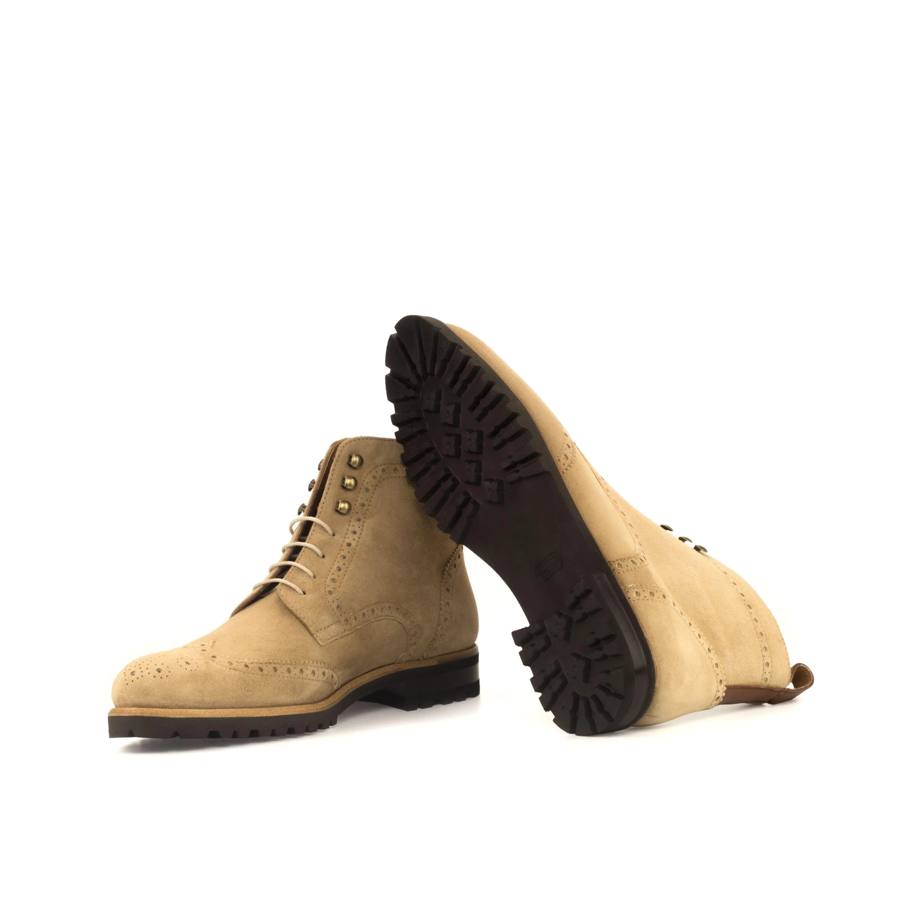 Tan suede ladies military brogue boots Mayas II wingtip back view