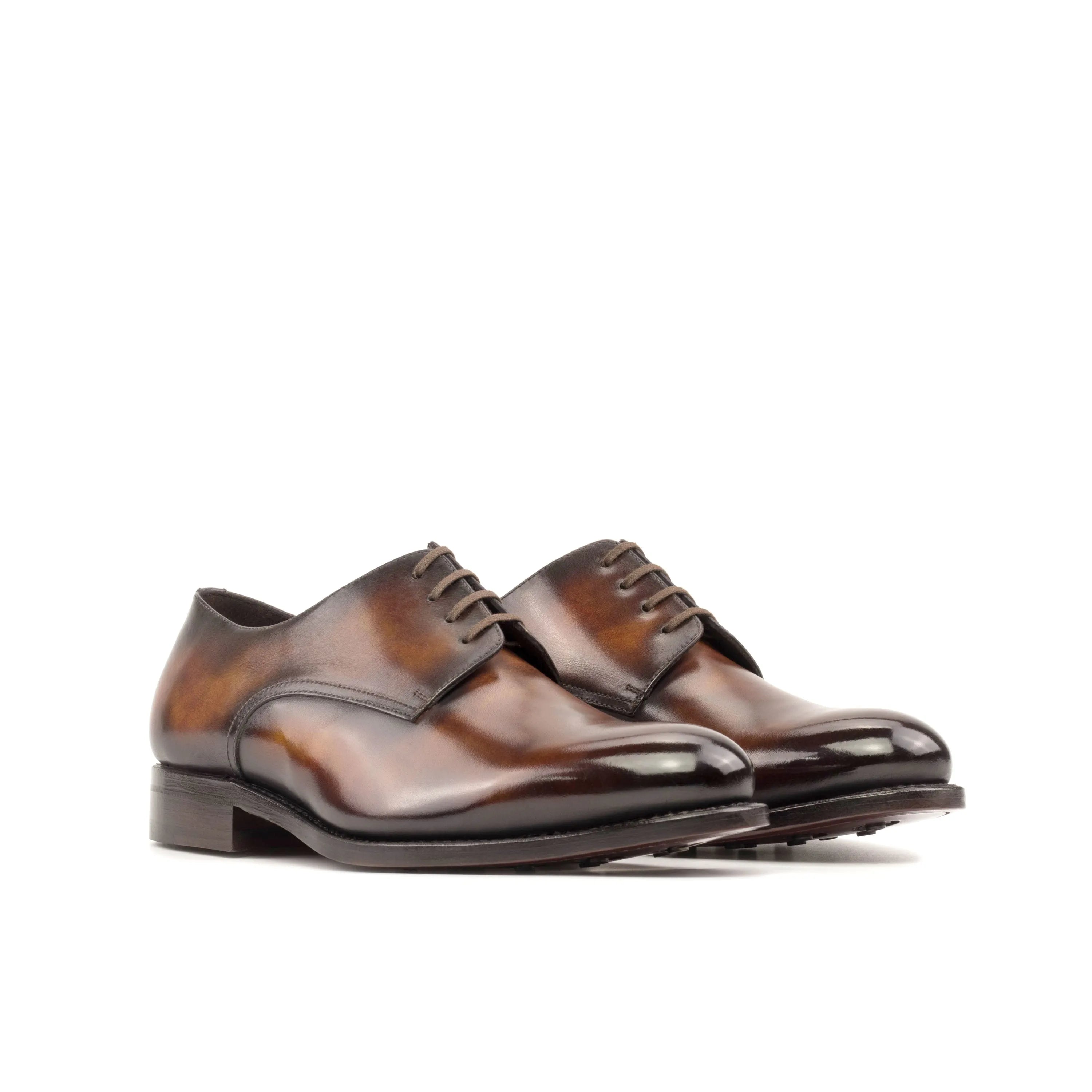 Mikeal patina derby shoes: pair of brown leather dress shoes