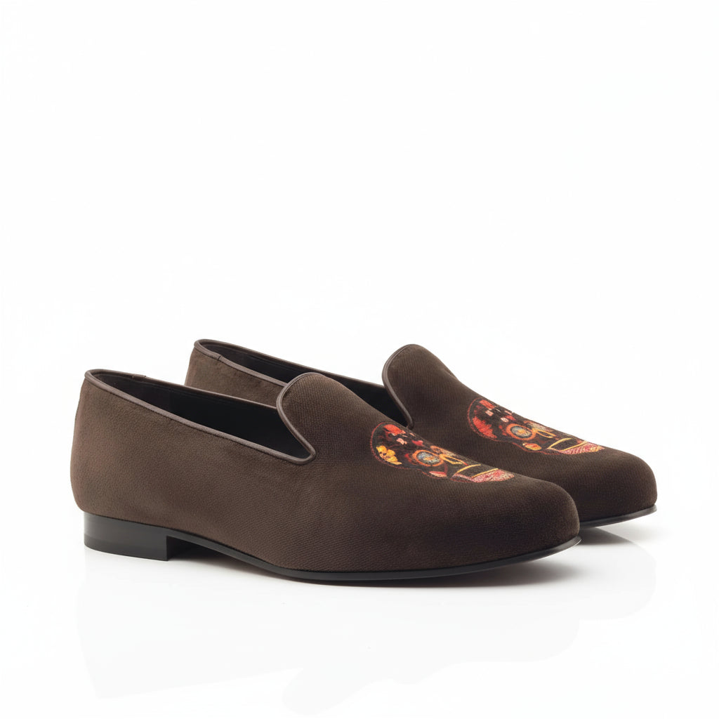 Mizarble Wellington slip on brown suede loafers with floral embroidery