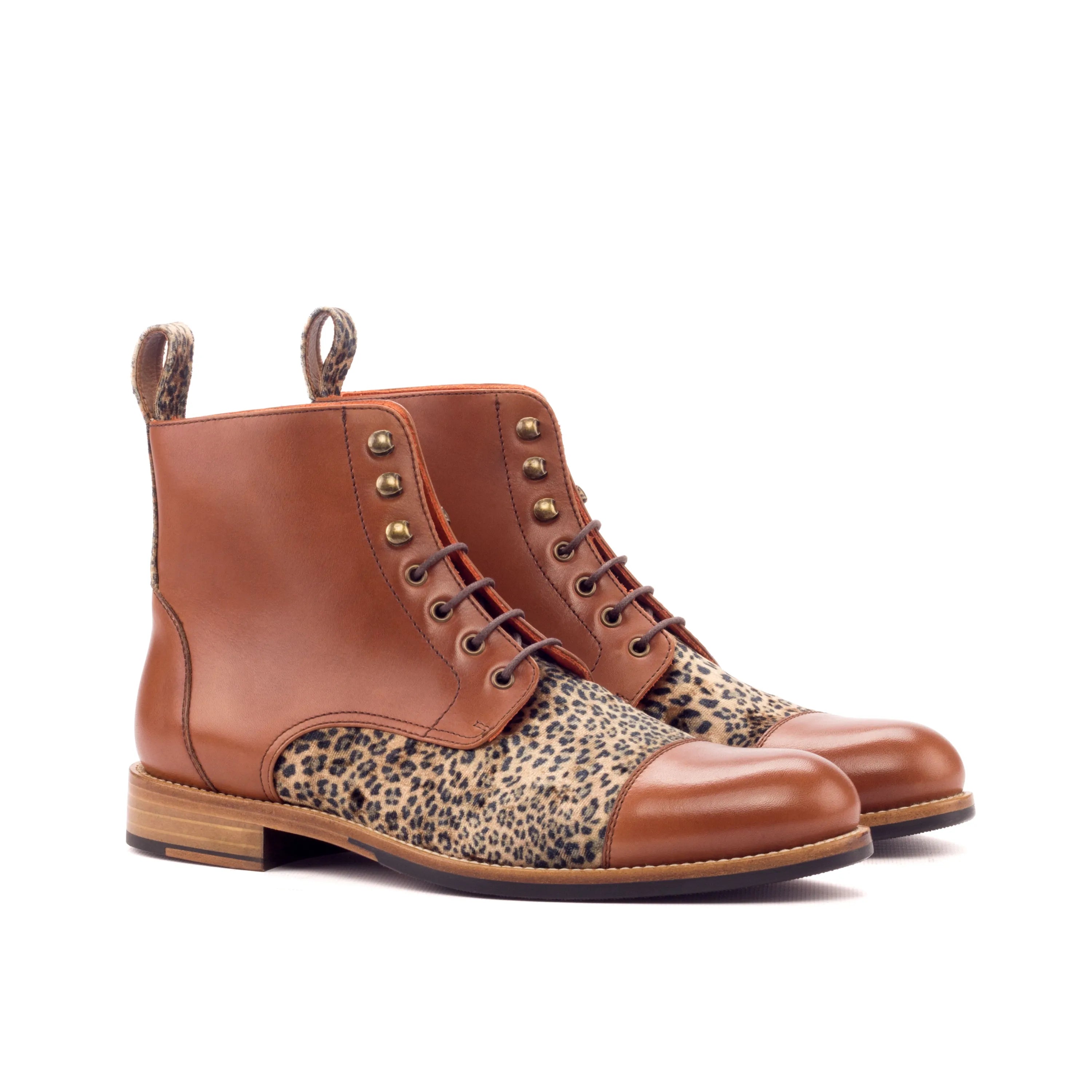 Brown leather and leopard print Mo Ladies captoe boots