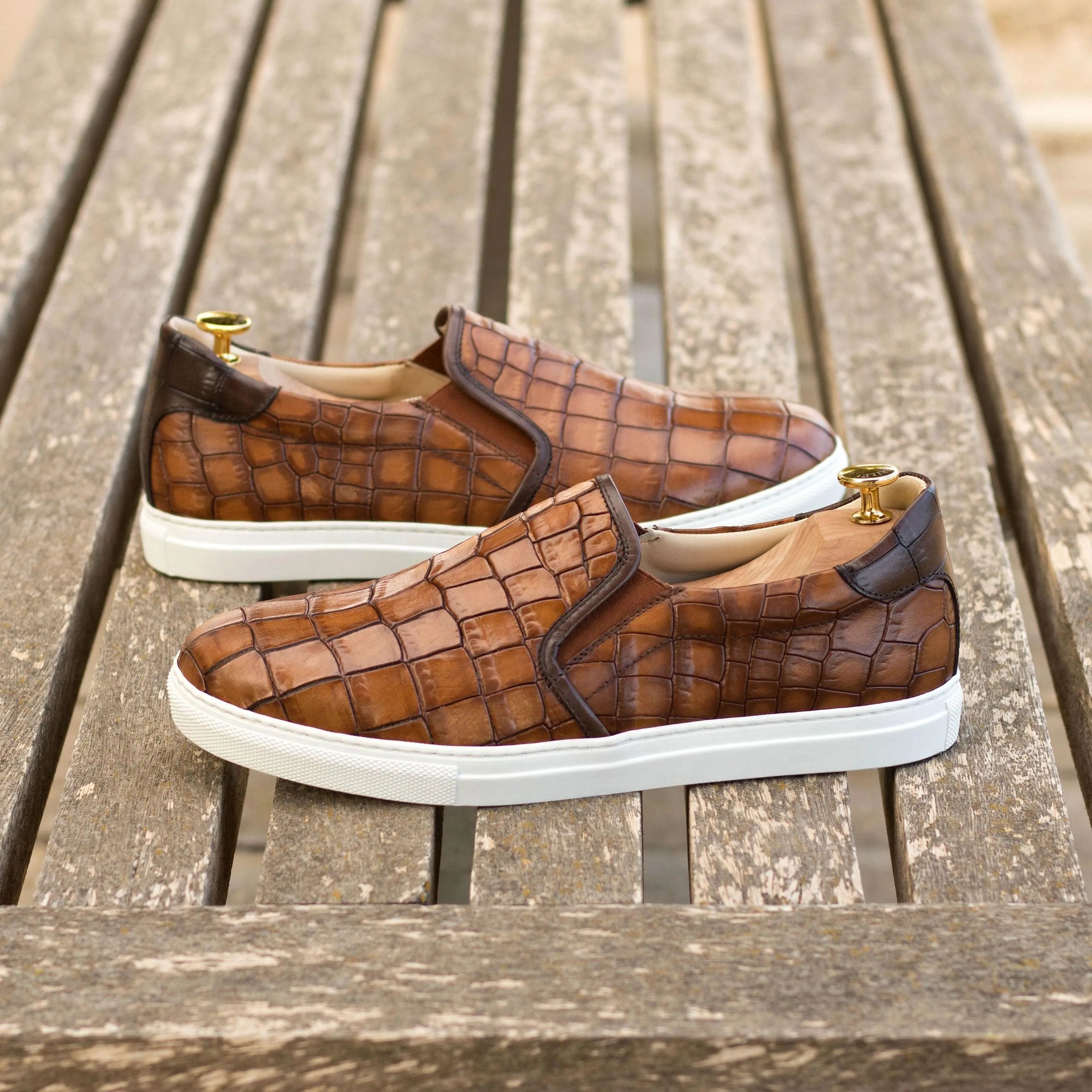 Brown painted croco Nino slip on sneaker back view