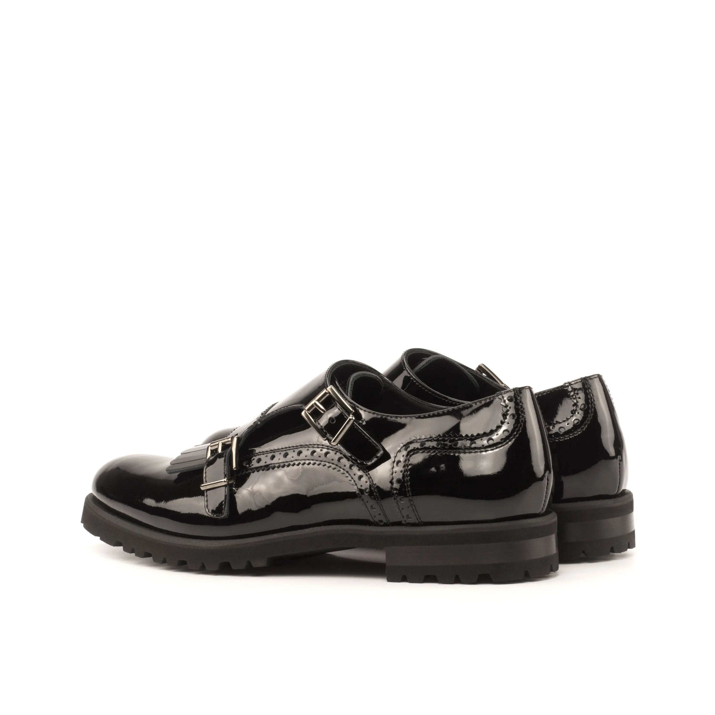 Nora Kiltie unisex monk strap shoes in black patent leather