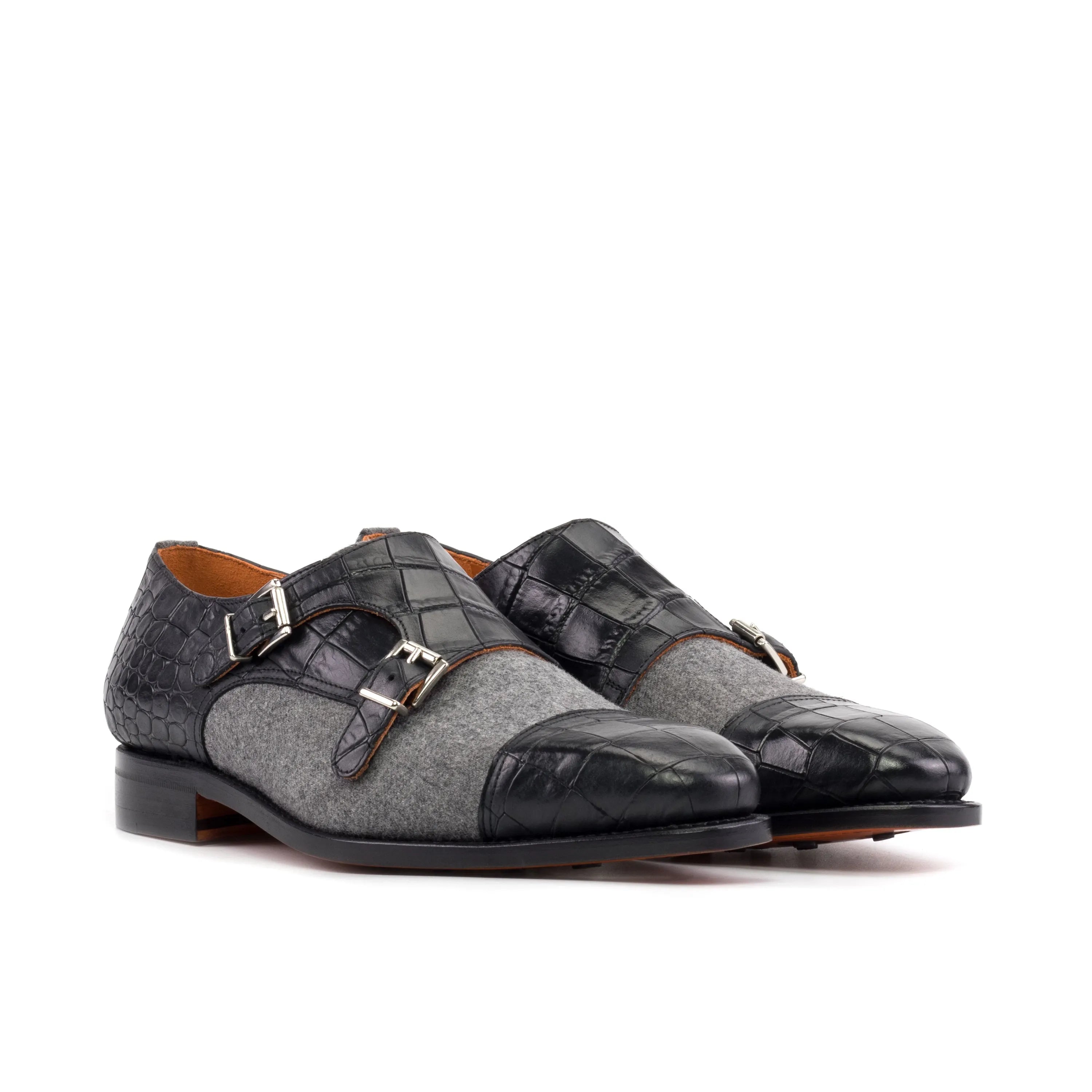 Gray and black leather Oro Double Monk shoes