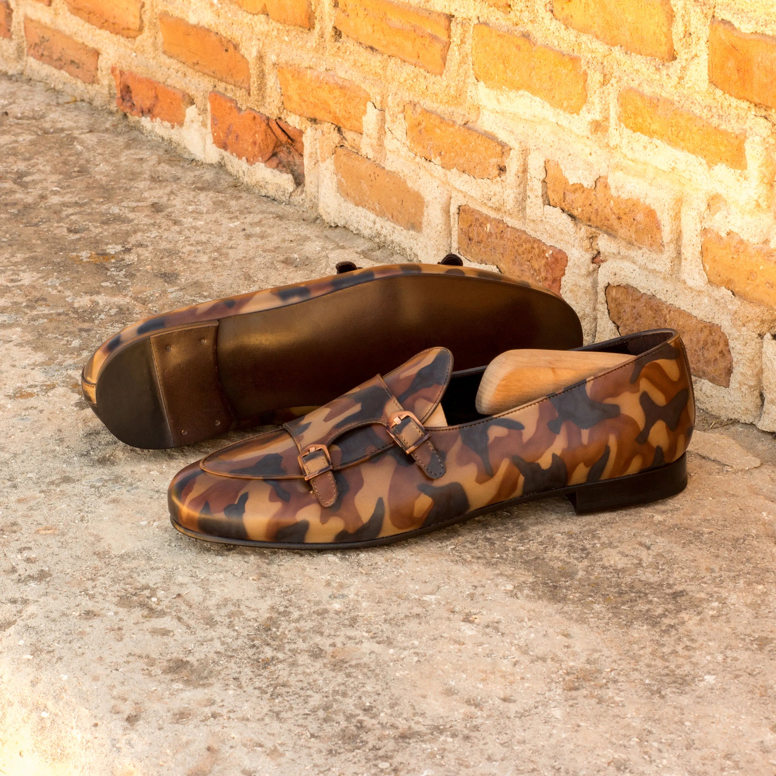 Pelagios Belgian Patina Monk Slipper with camouflage leather