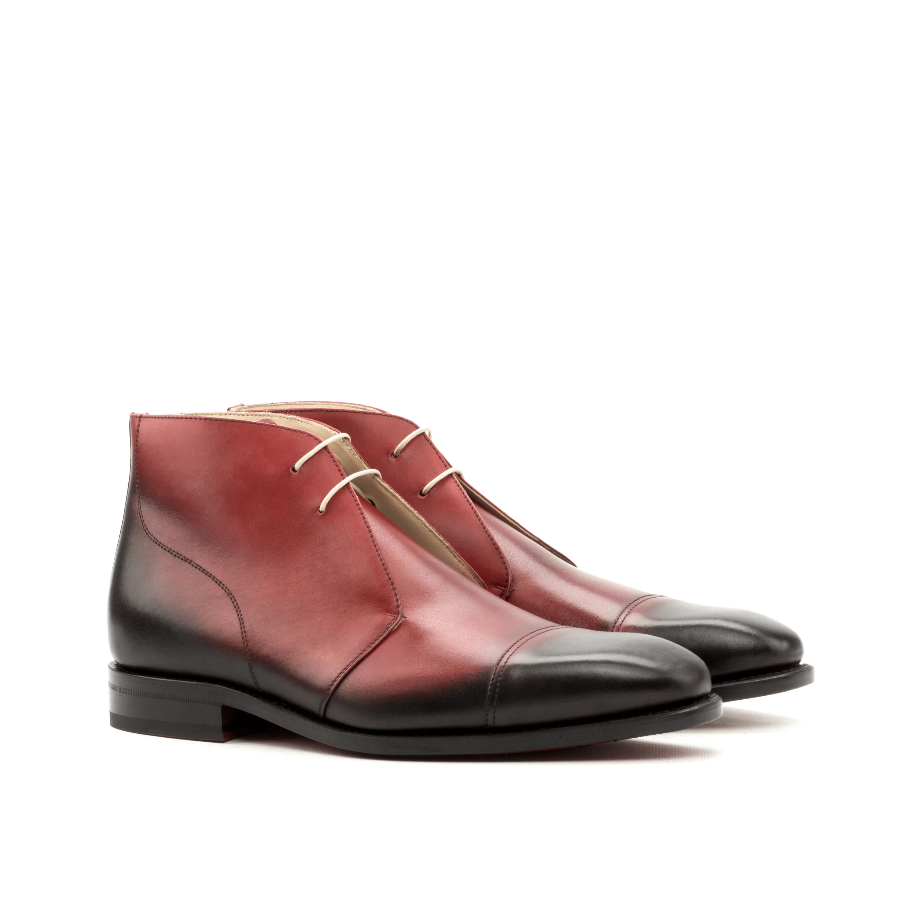 Philo chukkas: burgundy and black leather chukka boots for men