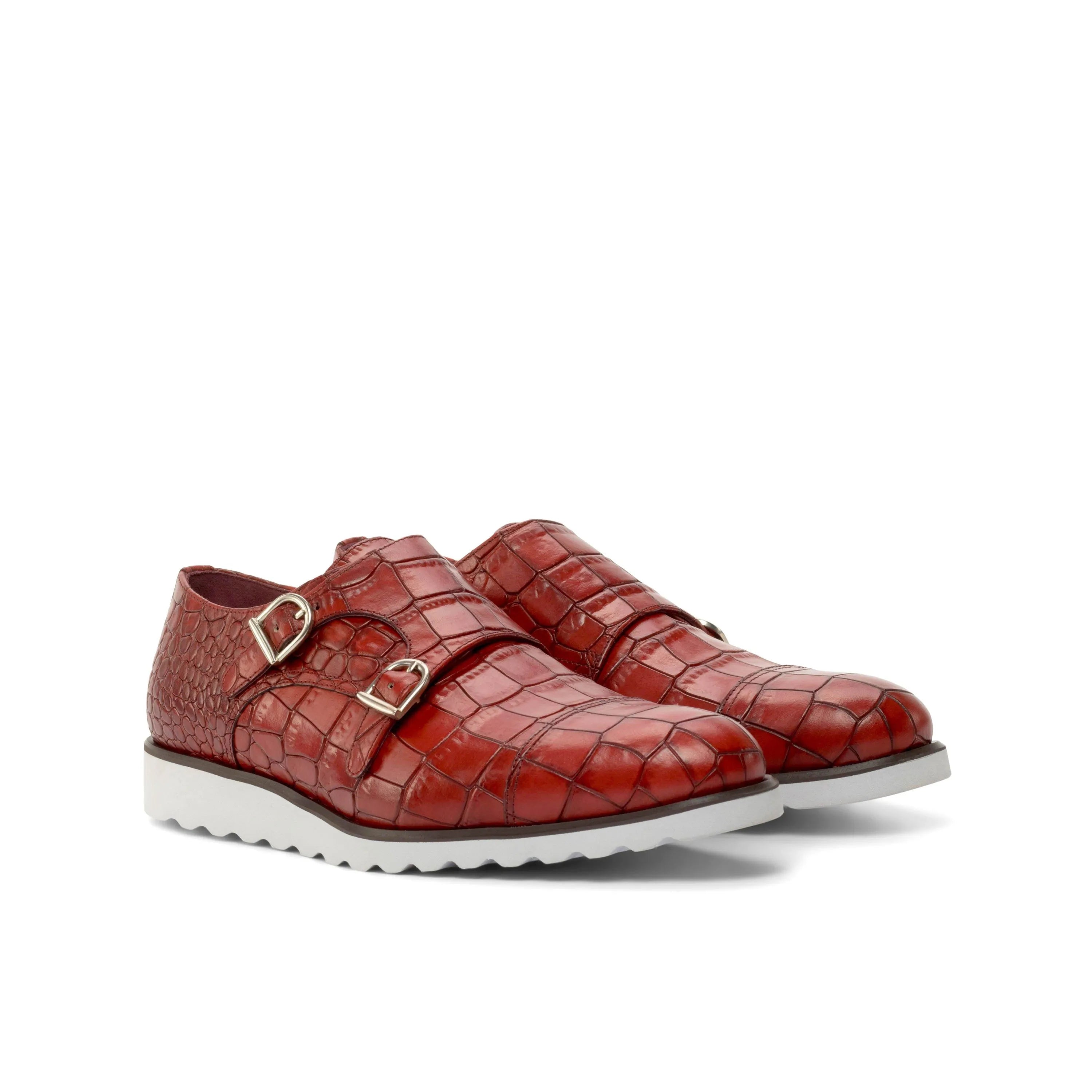 Red Poaulo double monk shoes in crocodile pattern