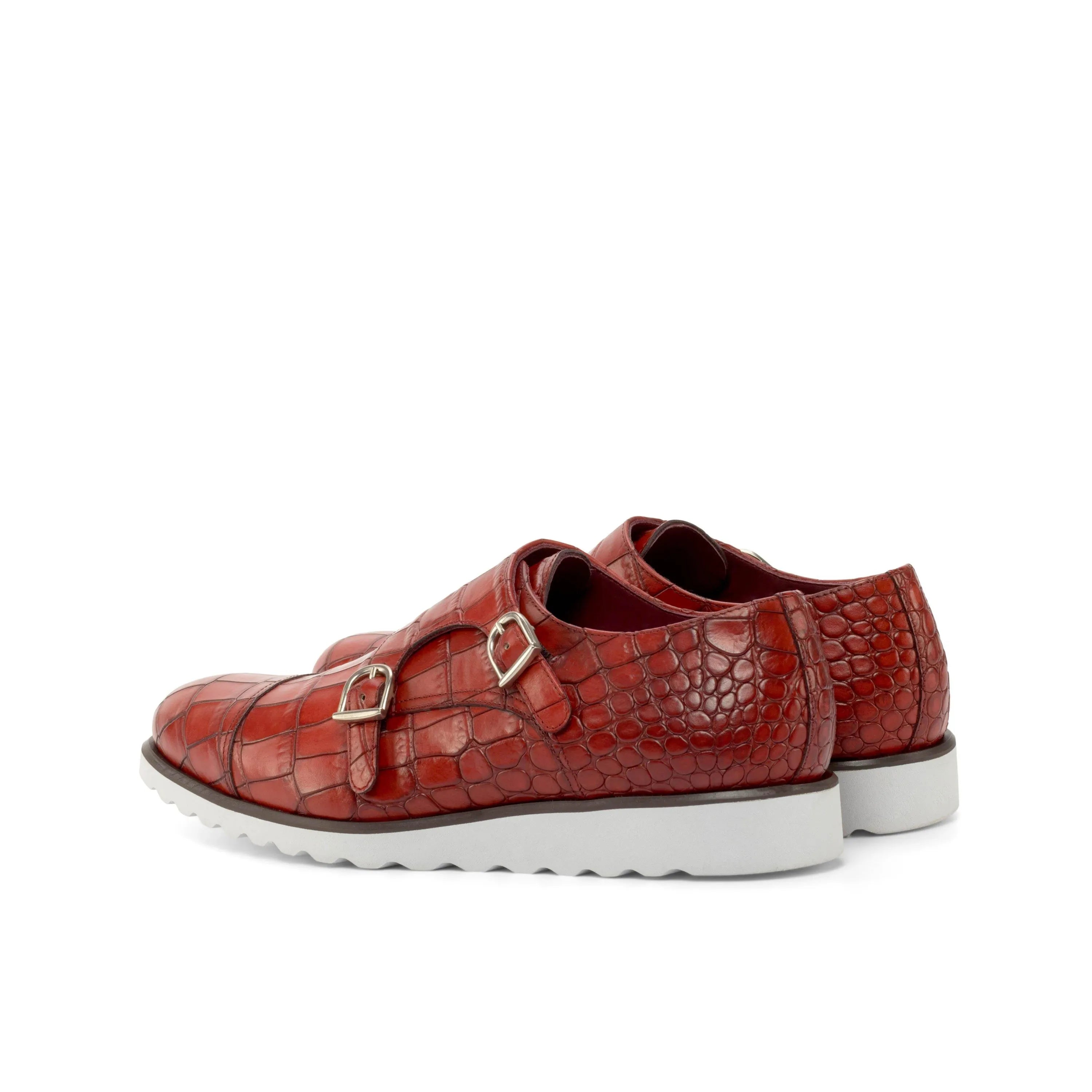 Red Poaulo double monk shoes in crocodile pattern