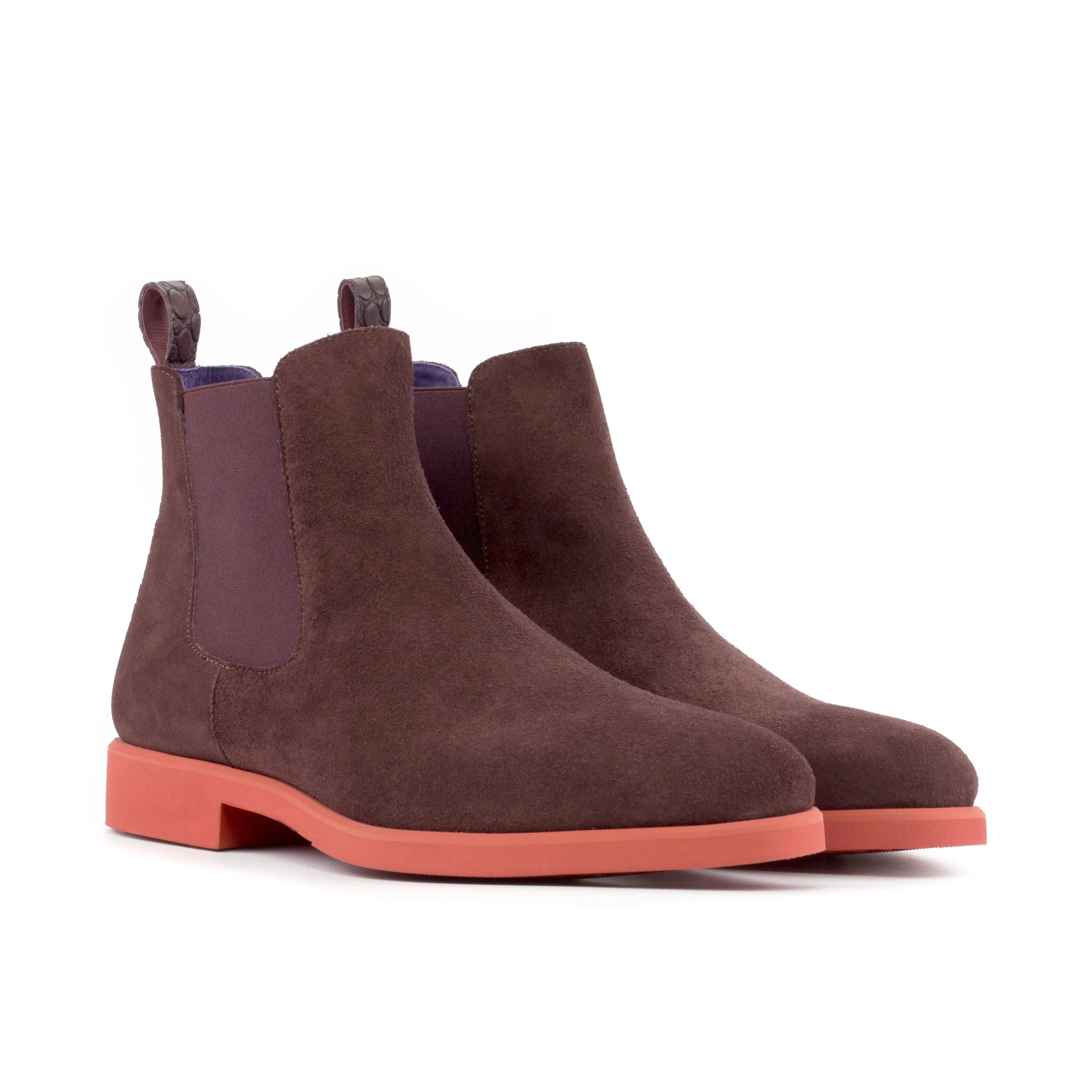 Poppy Chelsea suede boot with brown suede and coral soles