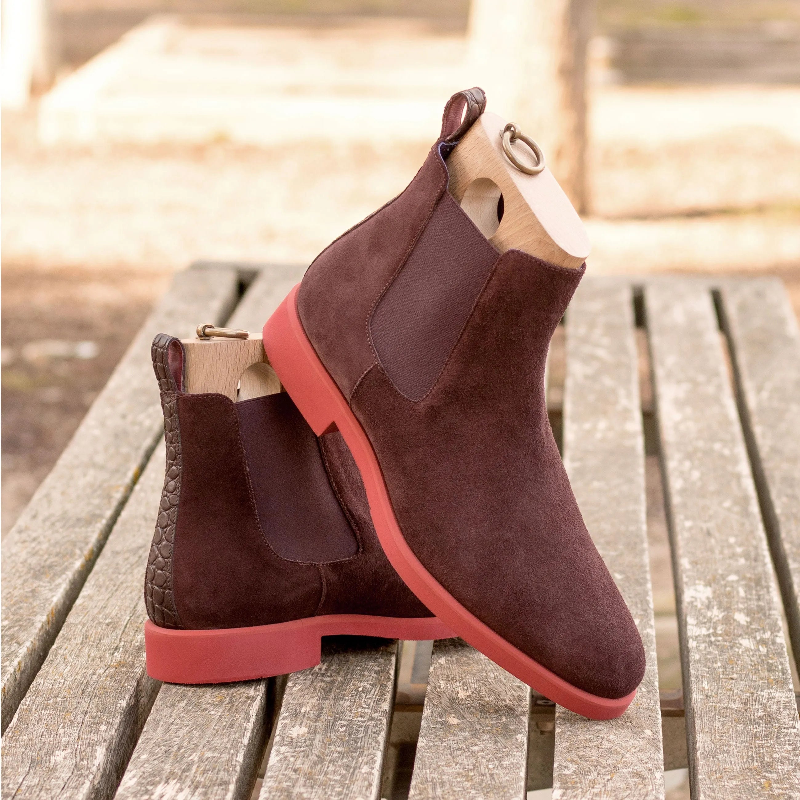 Poppy Chelsea suede boot with brown suede and red soles