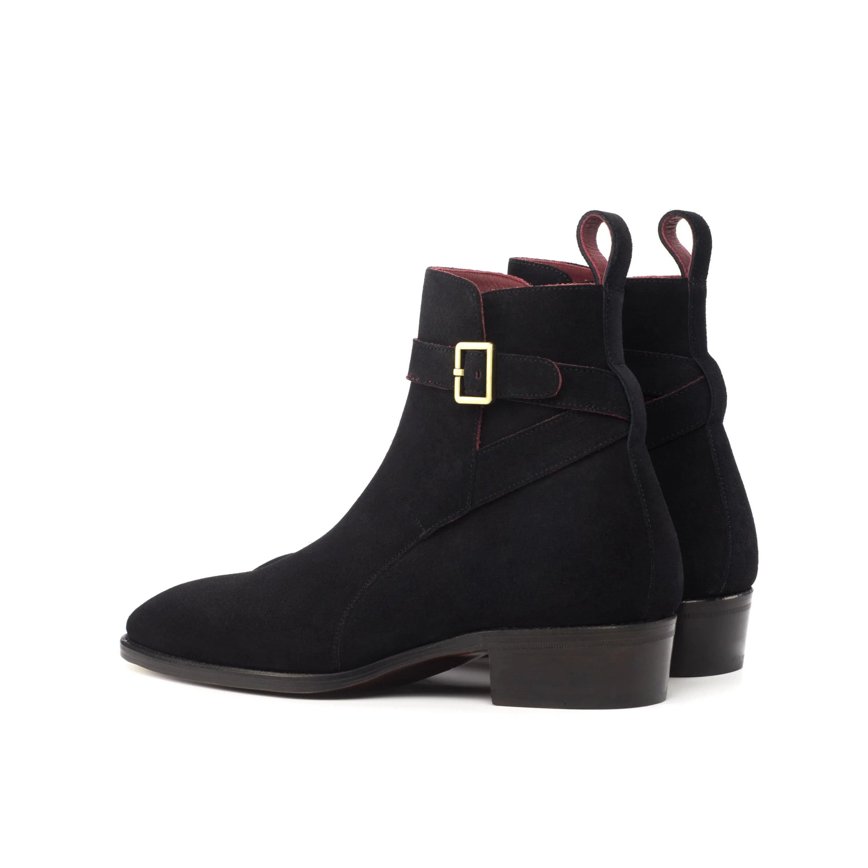 Randy Jodhpur Boots: black suede ankle boots with gold buckle