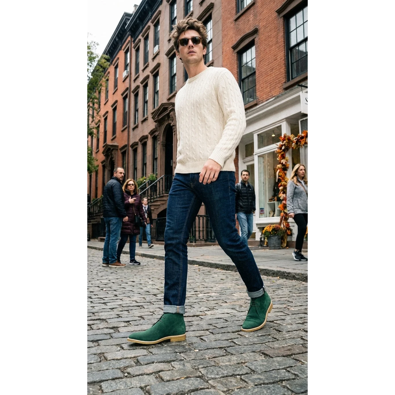 Rapa chukka boots with cream v-neck sweater, dark blue jeans