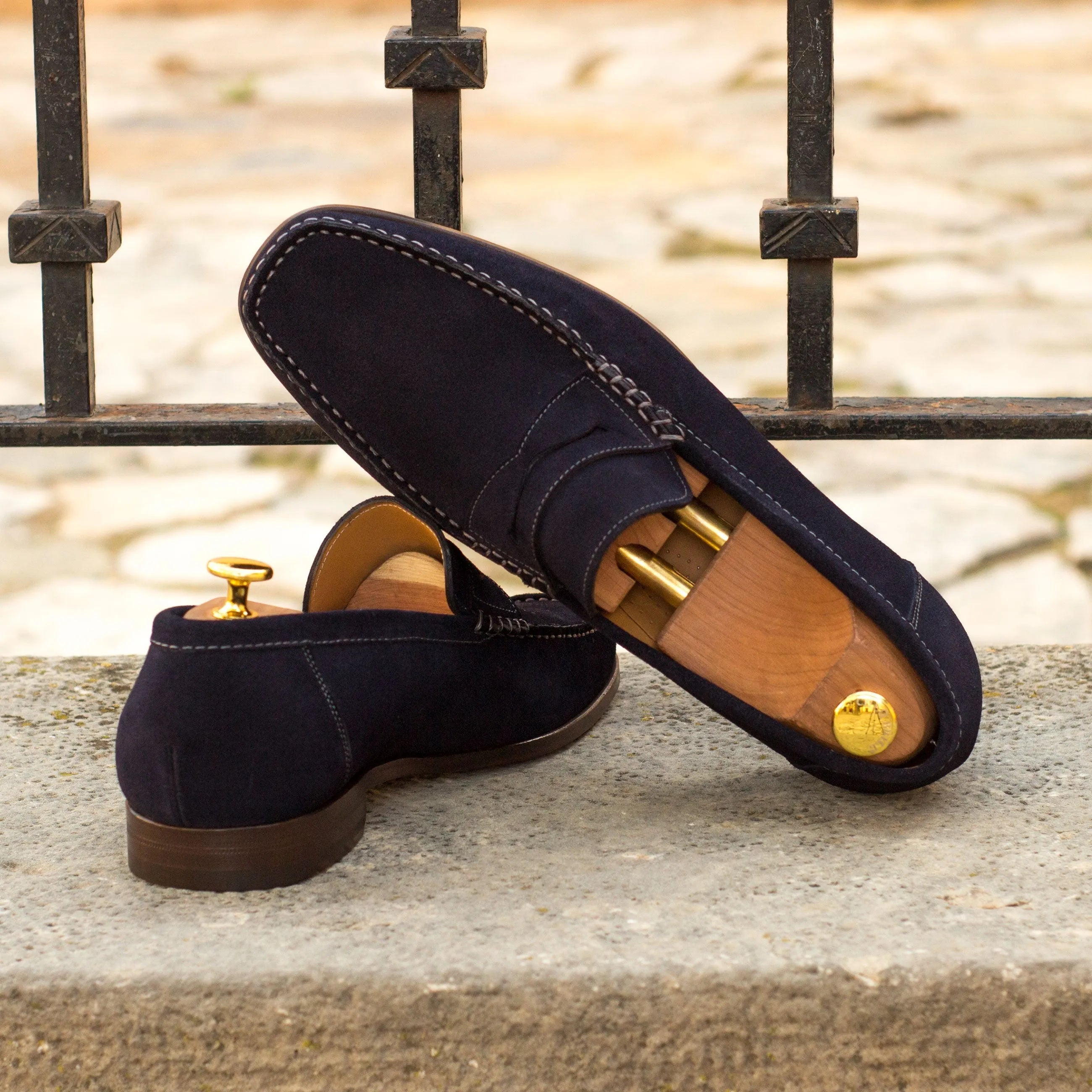 Reverie Moccasin navy suede loafers with shoe trees