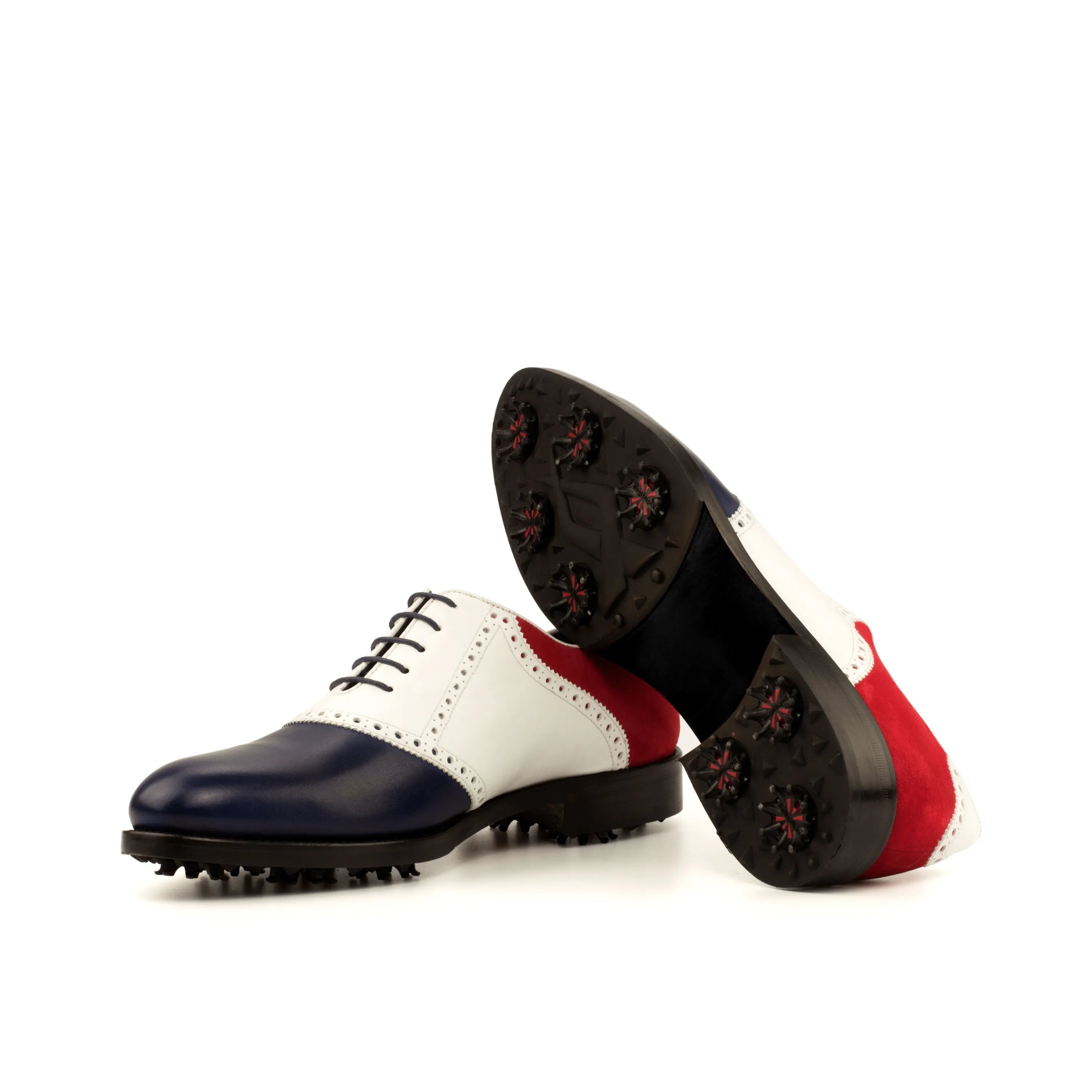 Rotimi saddle golf shoes: tricolored oxford golf shoes with spikes