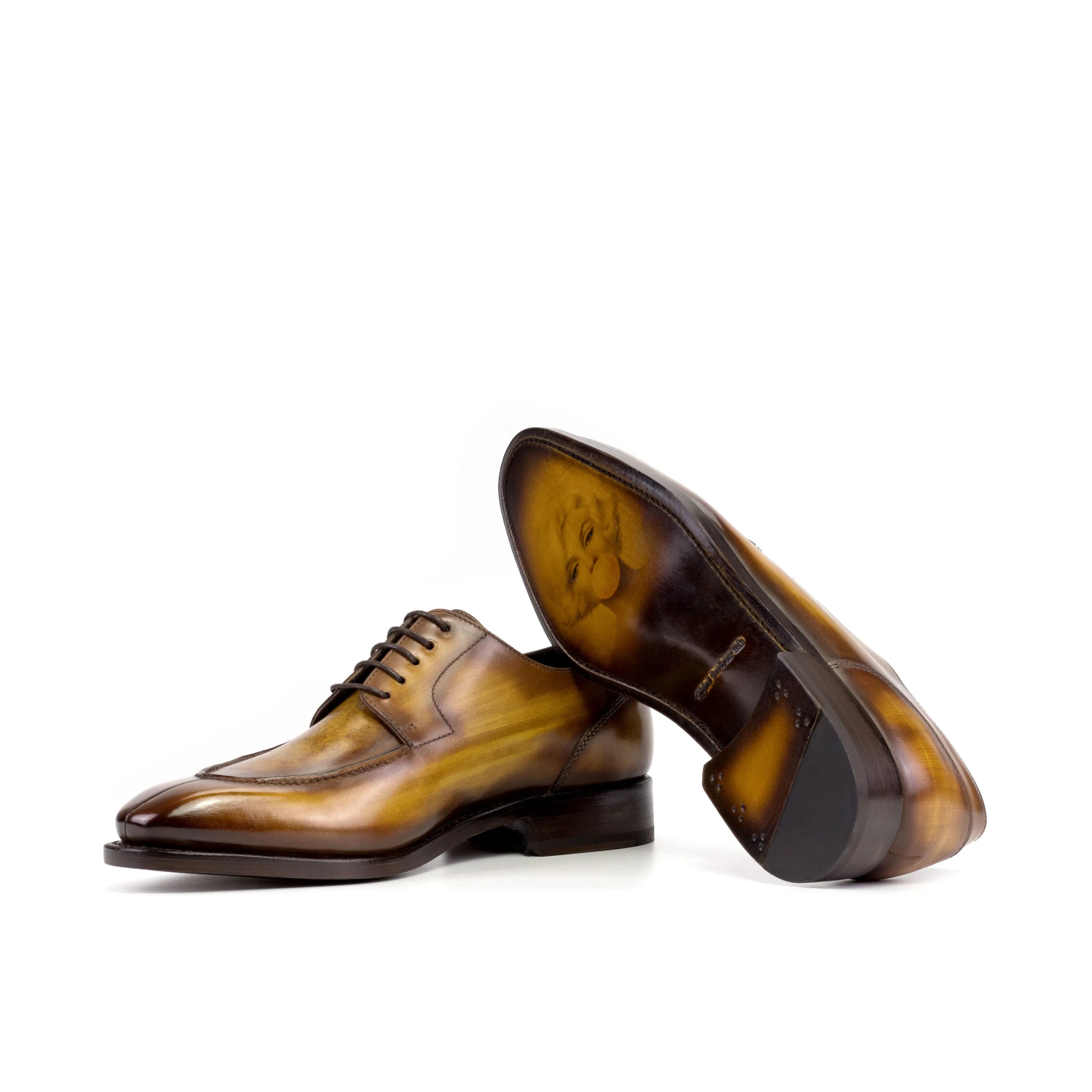 Rubis derby split toe patina shoes in brown leather