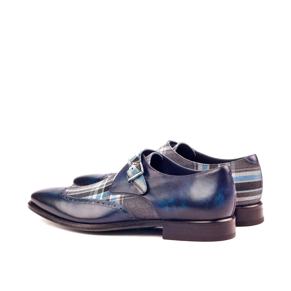 Salute single monk patina blue leather plaid dress shoes