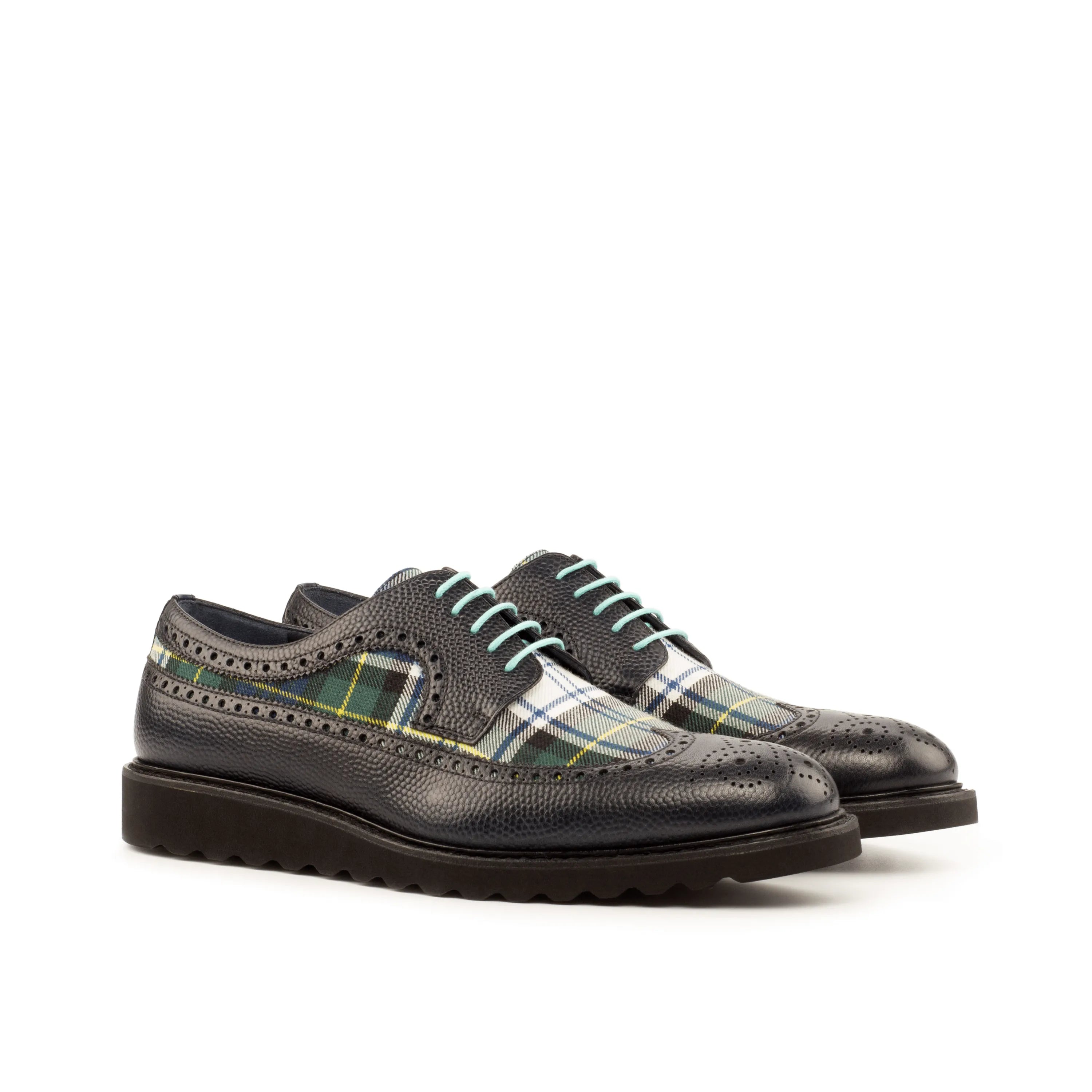 Seleucid longwing blucher with black leather and plaid wingtip design
