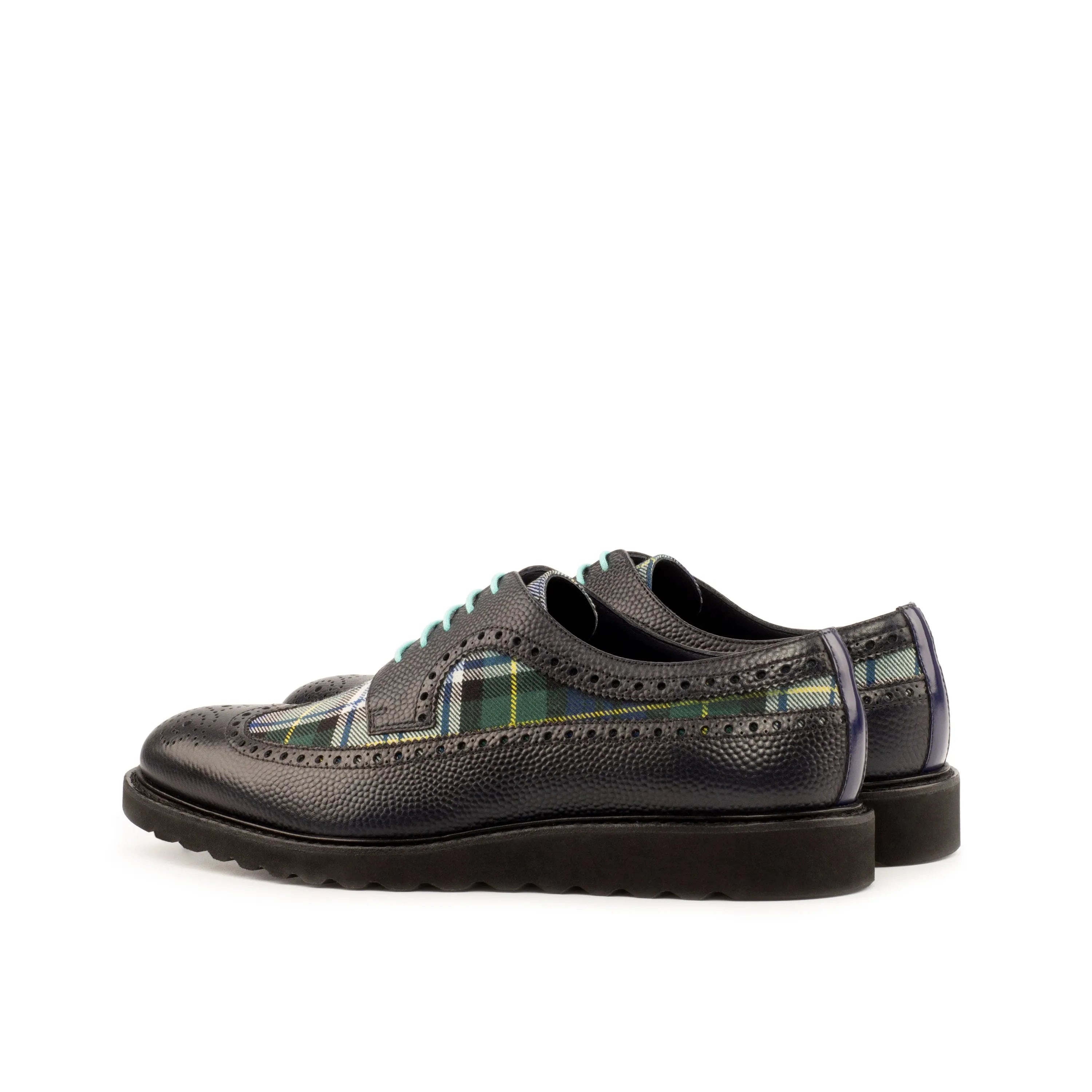 Seleucid longwing blucher with black leather and plaid wingtip shoes